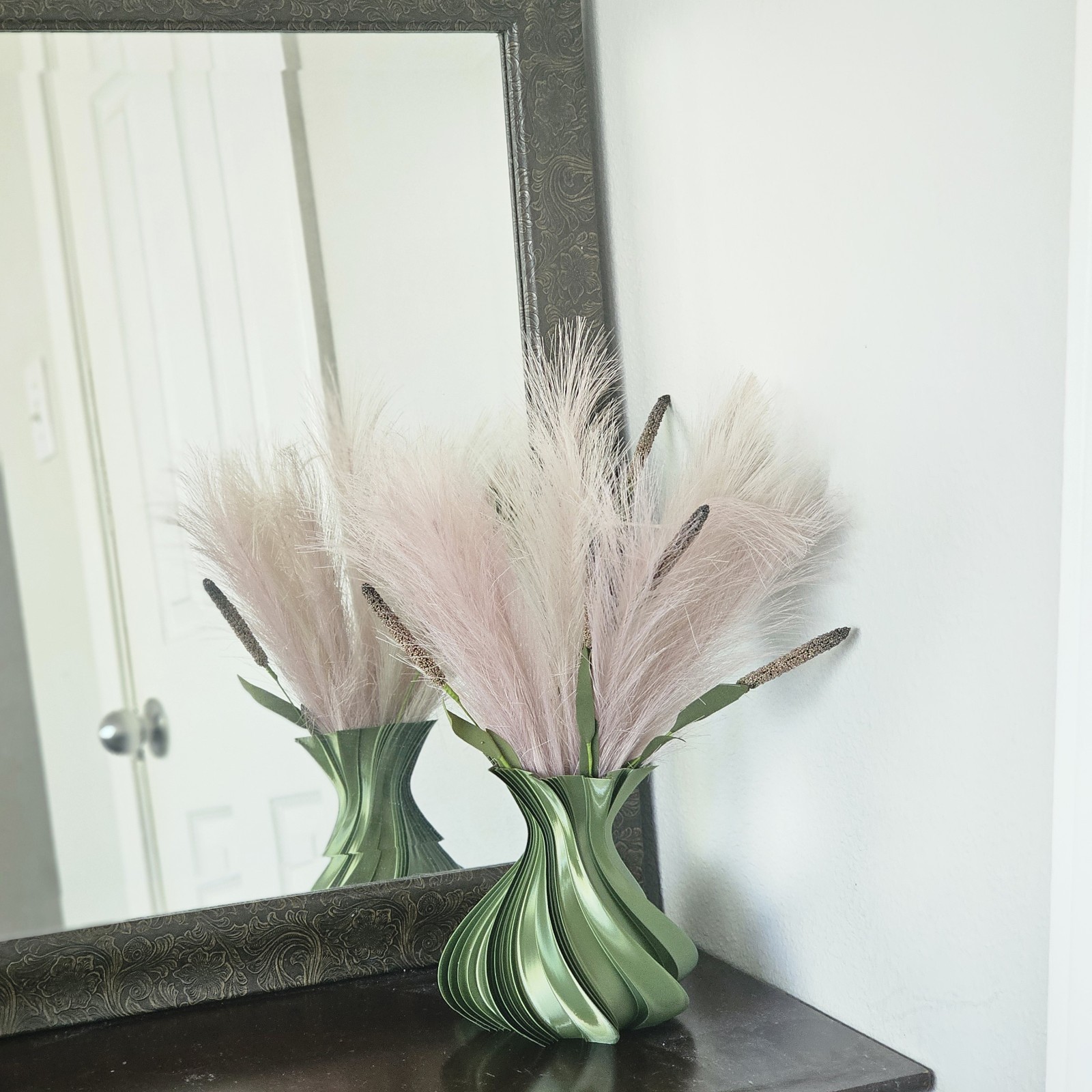Modern Spiral 3D Printed Vase Olive Green Sculptural Decorative Dry Flower Vase