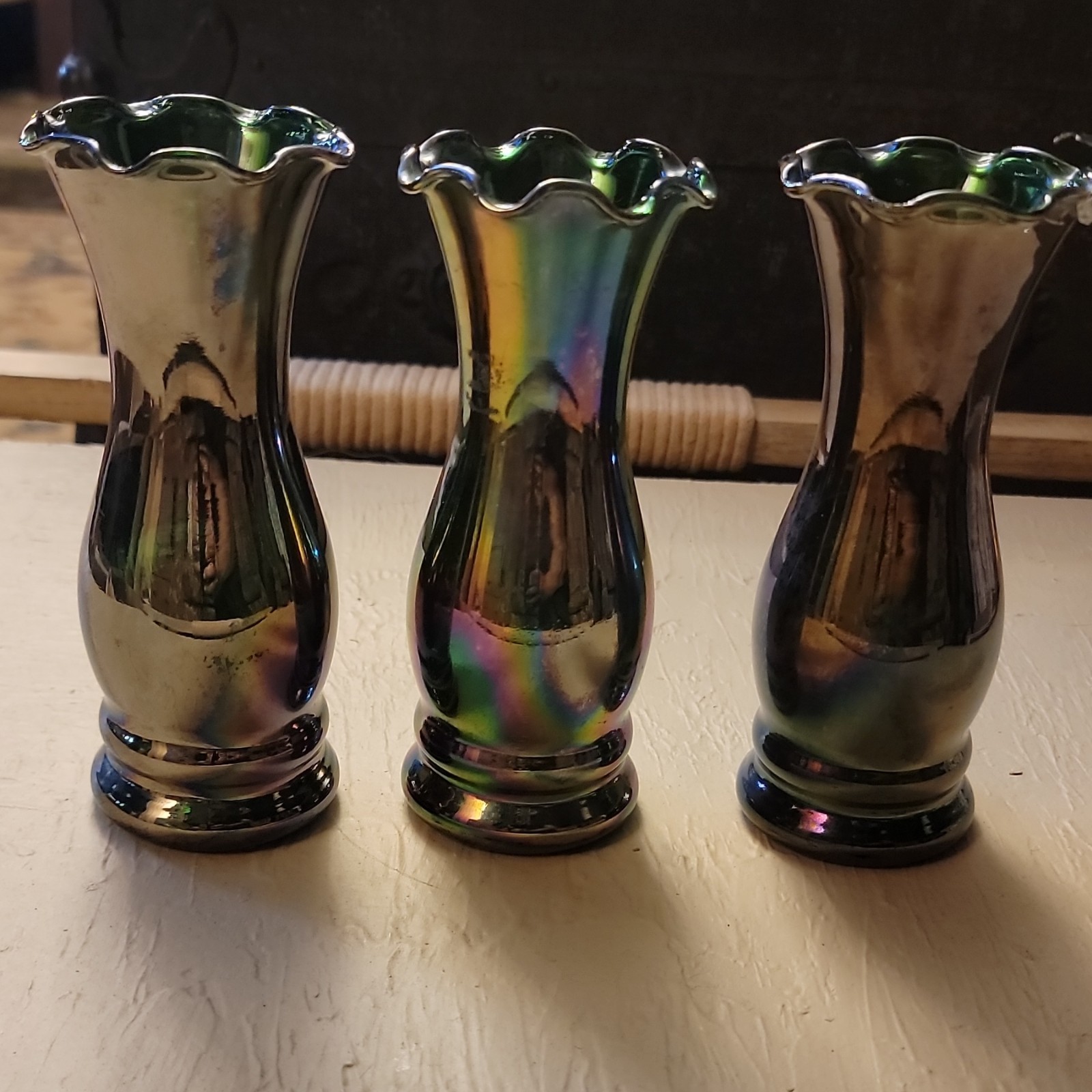 Set of 3 Iridescent Green Glass Bud Vases with Ruffled Rim, April Showers.