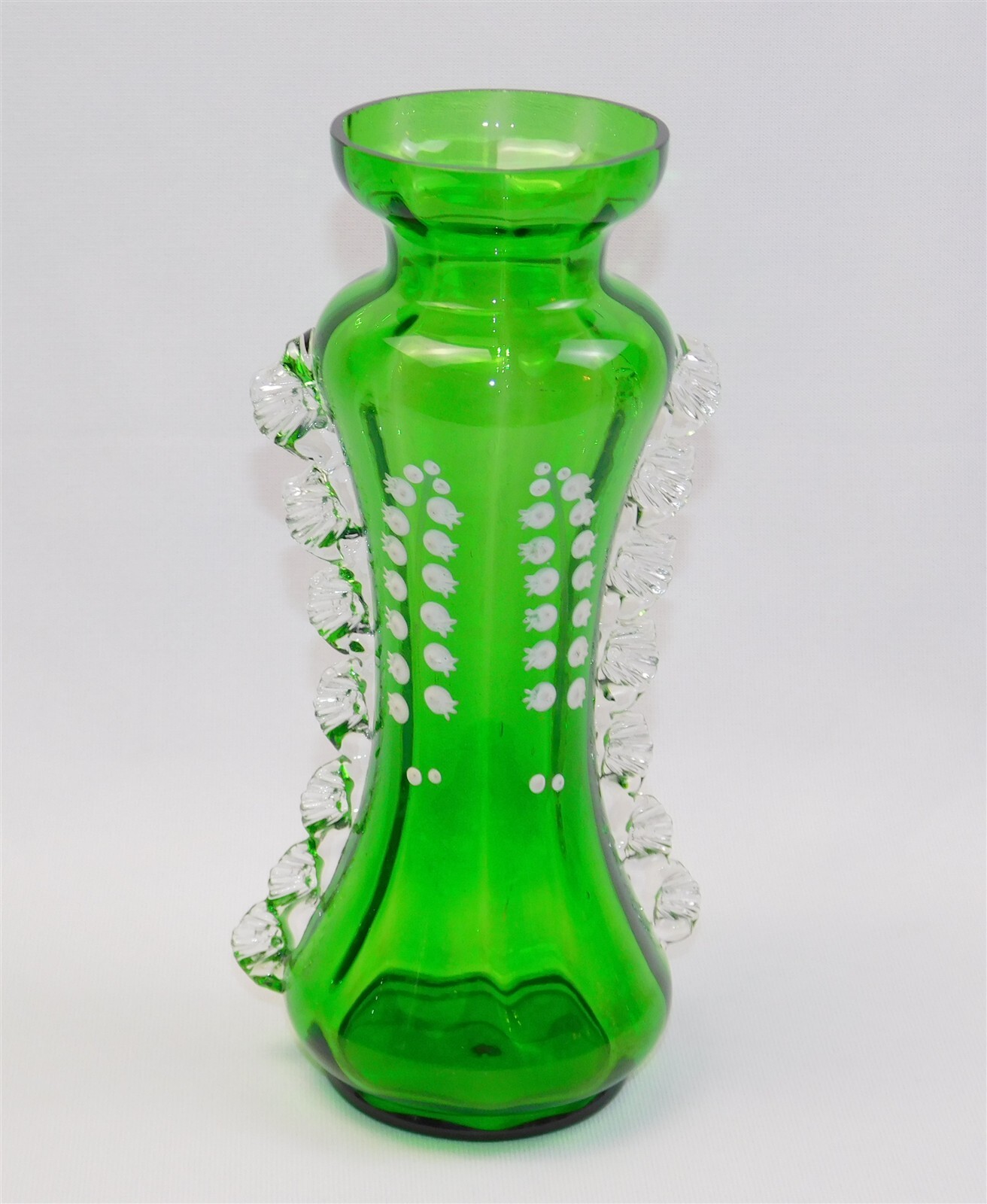 Antique Victorian Green Glass Vase Crimped Rigoree Enamel Lily of the Valley 9″