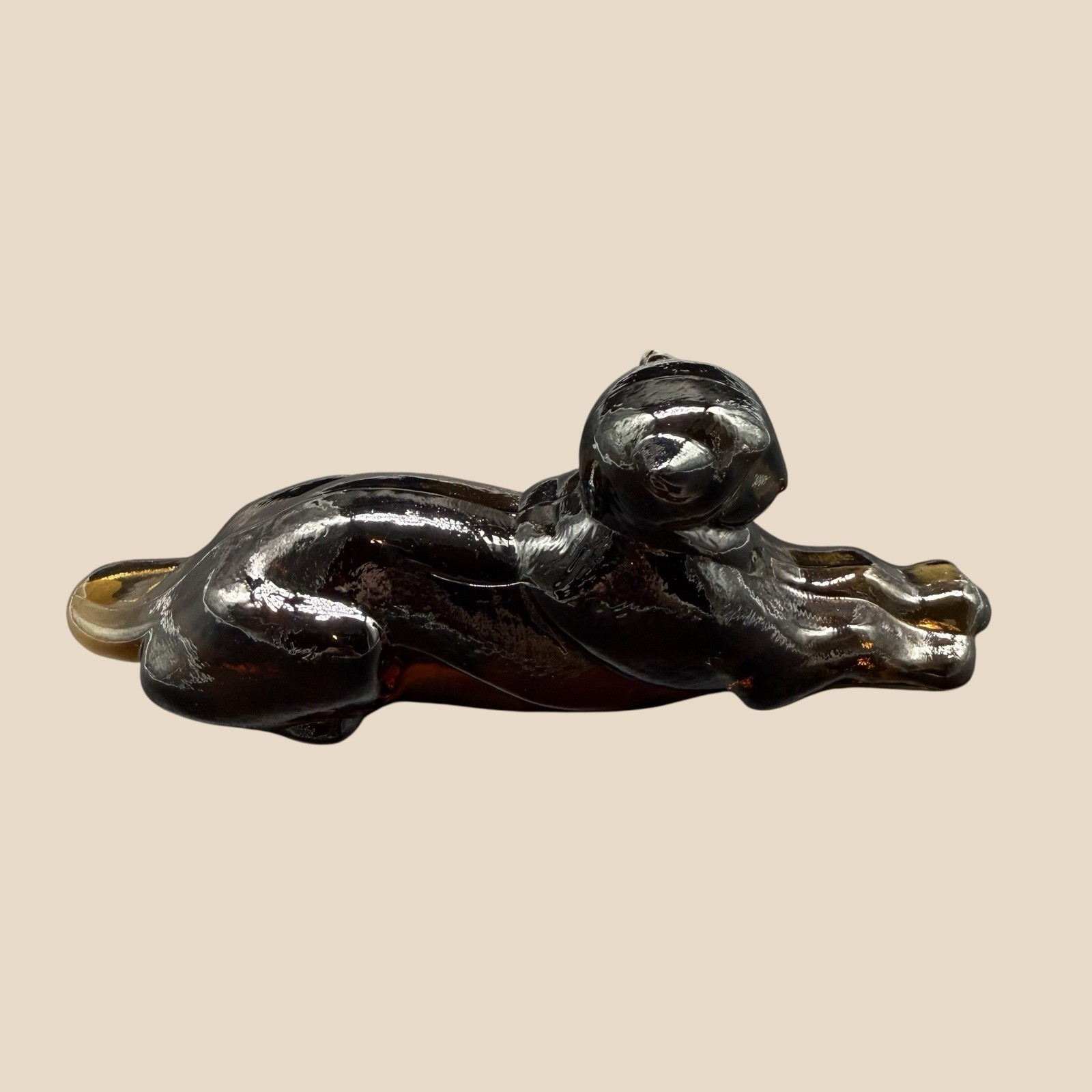 1980s Heisey Imperial Glass Rare Smokey Panther Tiger Cat Paperweight Figurine