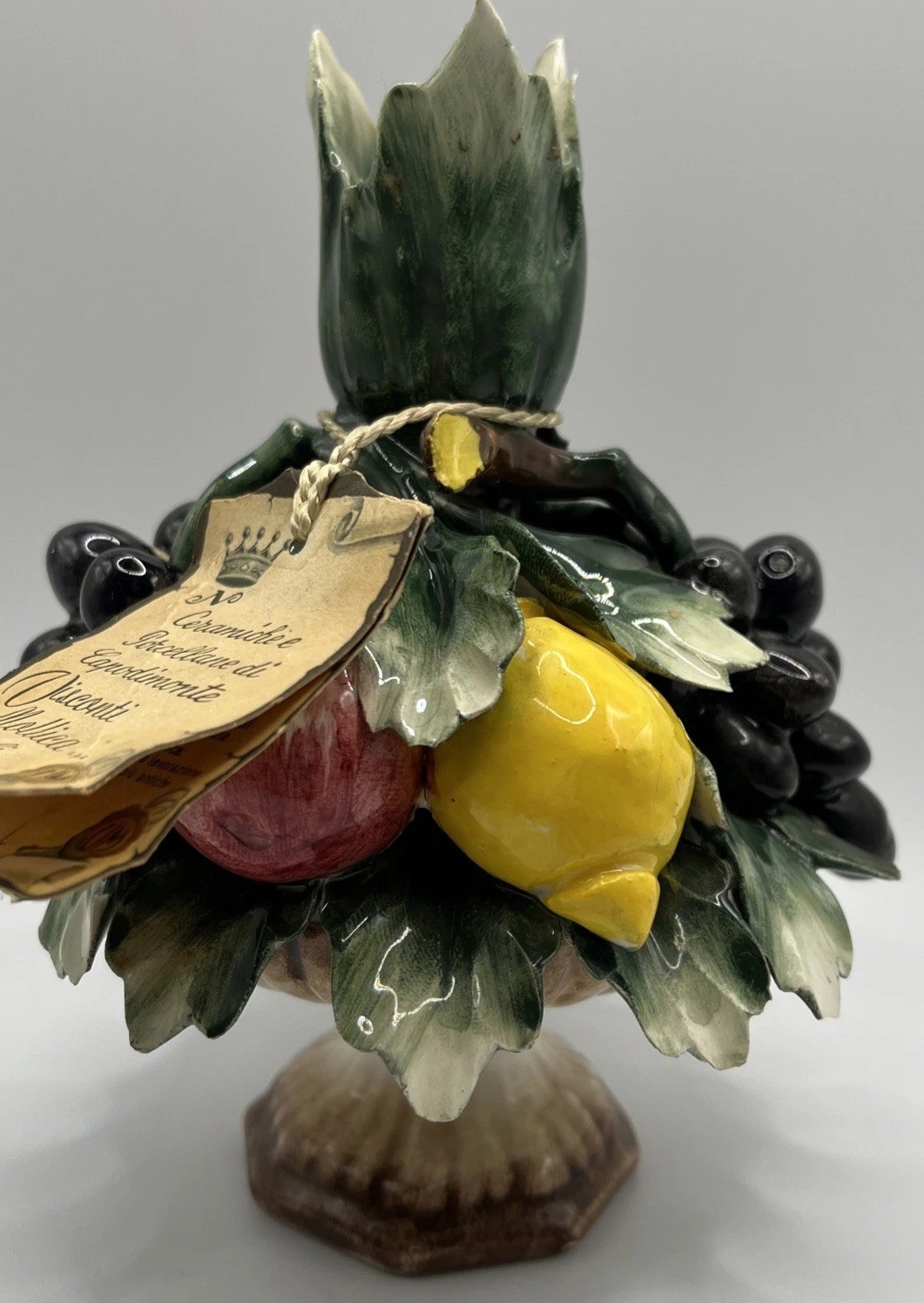 Vintage Italy Capodimonte Hand Painted Basket of Fruit Taper Candle Holder