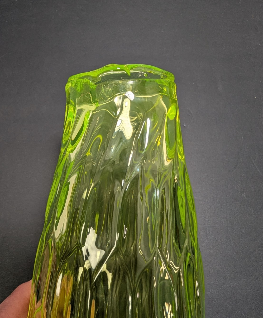 Vintage Bohemian Vaseline Glass Yellow Green Diamond Optic Uranium Ewer Vase
