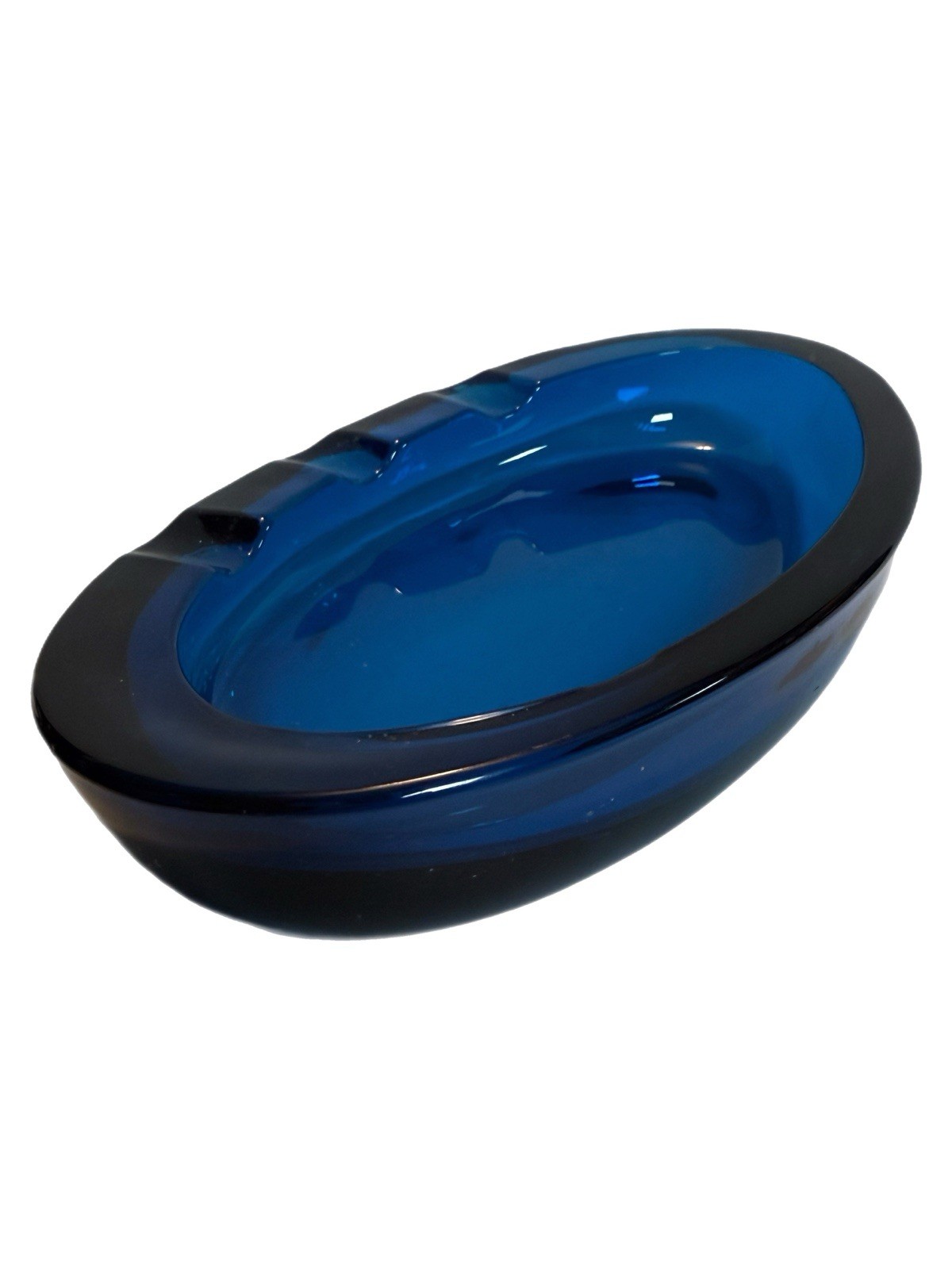 Vintage peacock cobalt blue glass “Epic” oval ashtray 3 notches by Viking
