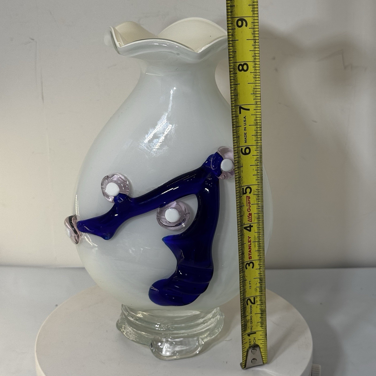 Vtg Applied Glass Art Glass Vase – Milk White with Blue & Pink Flower Accents 9”
