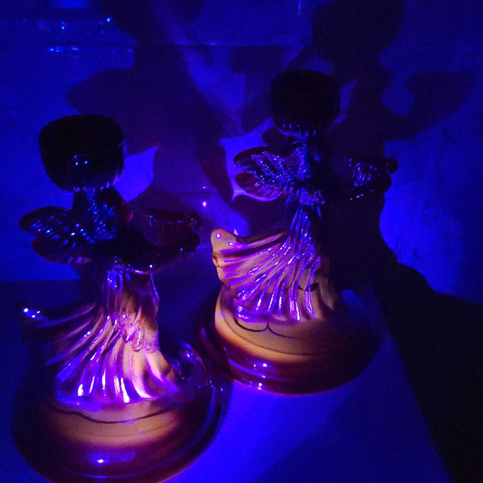 Pair Of Red Carnival Glass Angel Candle Holders Glows Orange Under Blacklight