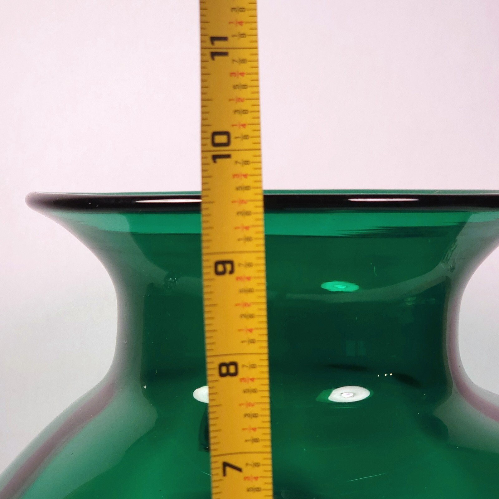 Vintage Blenko Glass Handmade Large Emerald Green Vase Clear Handle 9 1/2″ Tall