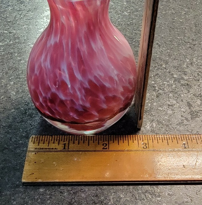 Vintage Art Glass Pink Marble Spatter Cased Glass Vase, 3.75″ Tall