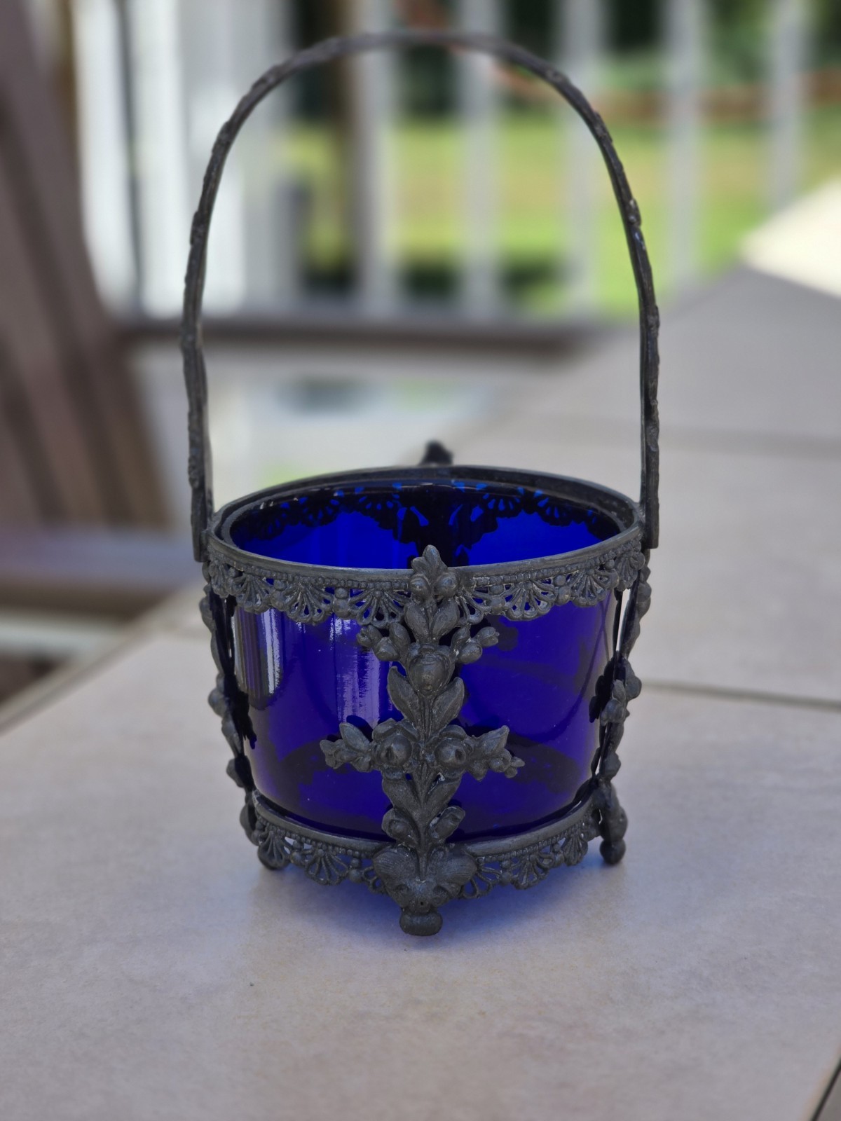Metal Basket With Cobalt Blue Bowl