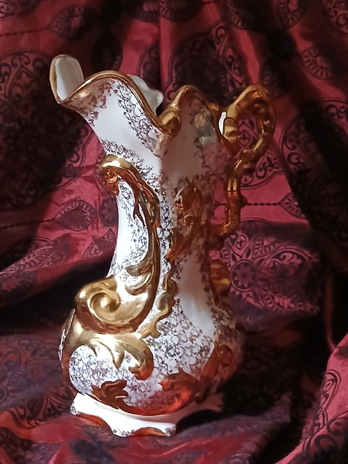 Rare Antique Ornate White Ceramic Gold Gilded Pitcher Vase 10.5 in