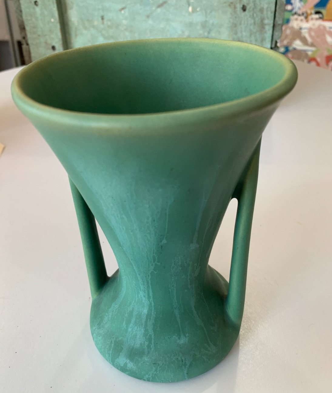 Camark Pottery Double Handle Vase Lovely Matte Green Drip Glaze Arts & Crafts