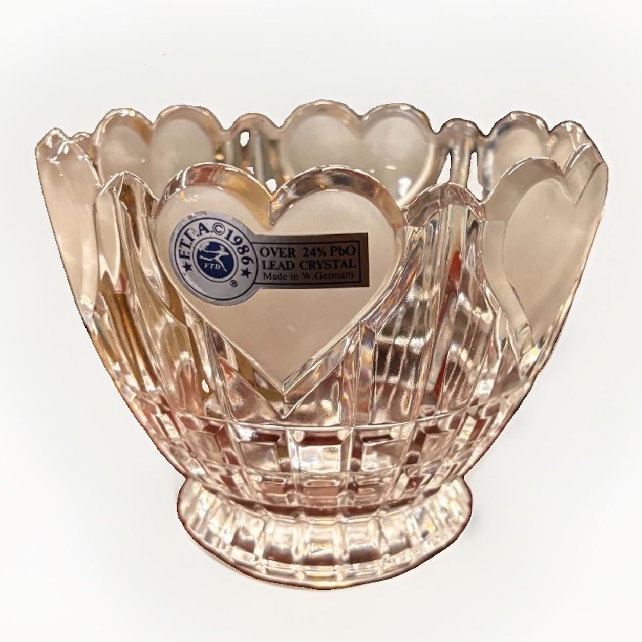 1986 FTDA Satin Hearts Lead Crystal Bowl West Germany 5 3/8″ Dia. 4 1/2″ Tall