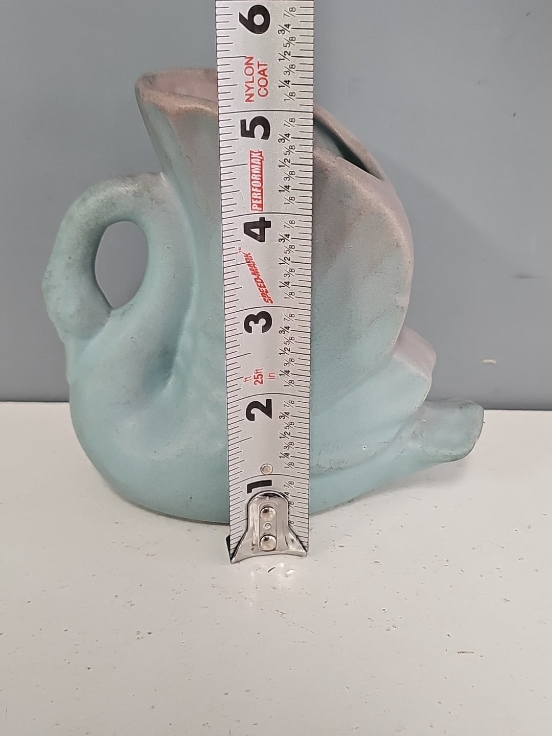 Rosemeade Pottery Swan Vase Vintage Blue Pink North Dakota 5 inches tall Stamped