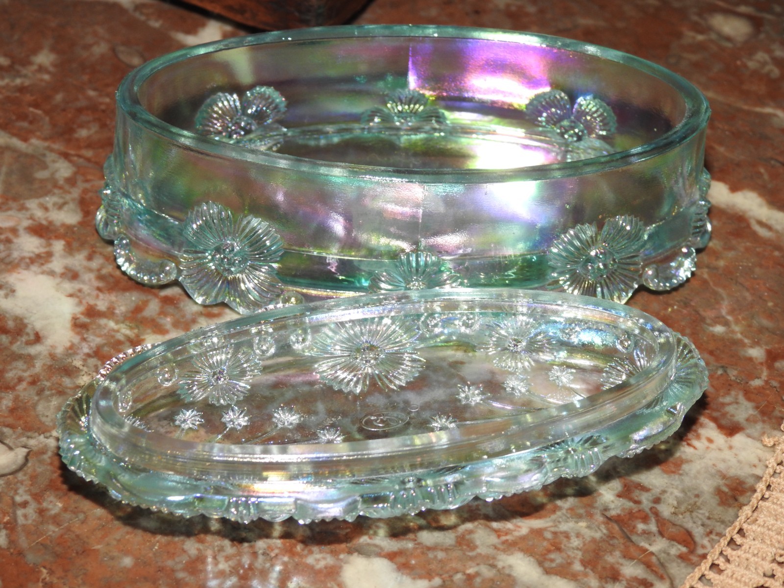Fenton Aquamarine Blue Iridescent Shellflower Oval Covered Trinket Box