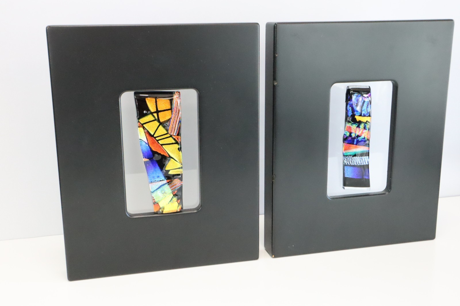 PAIR Signed Jasmine B Fused Dichroic Glass Abstract Wall Art Panels Modern Pair