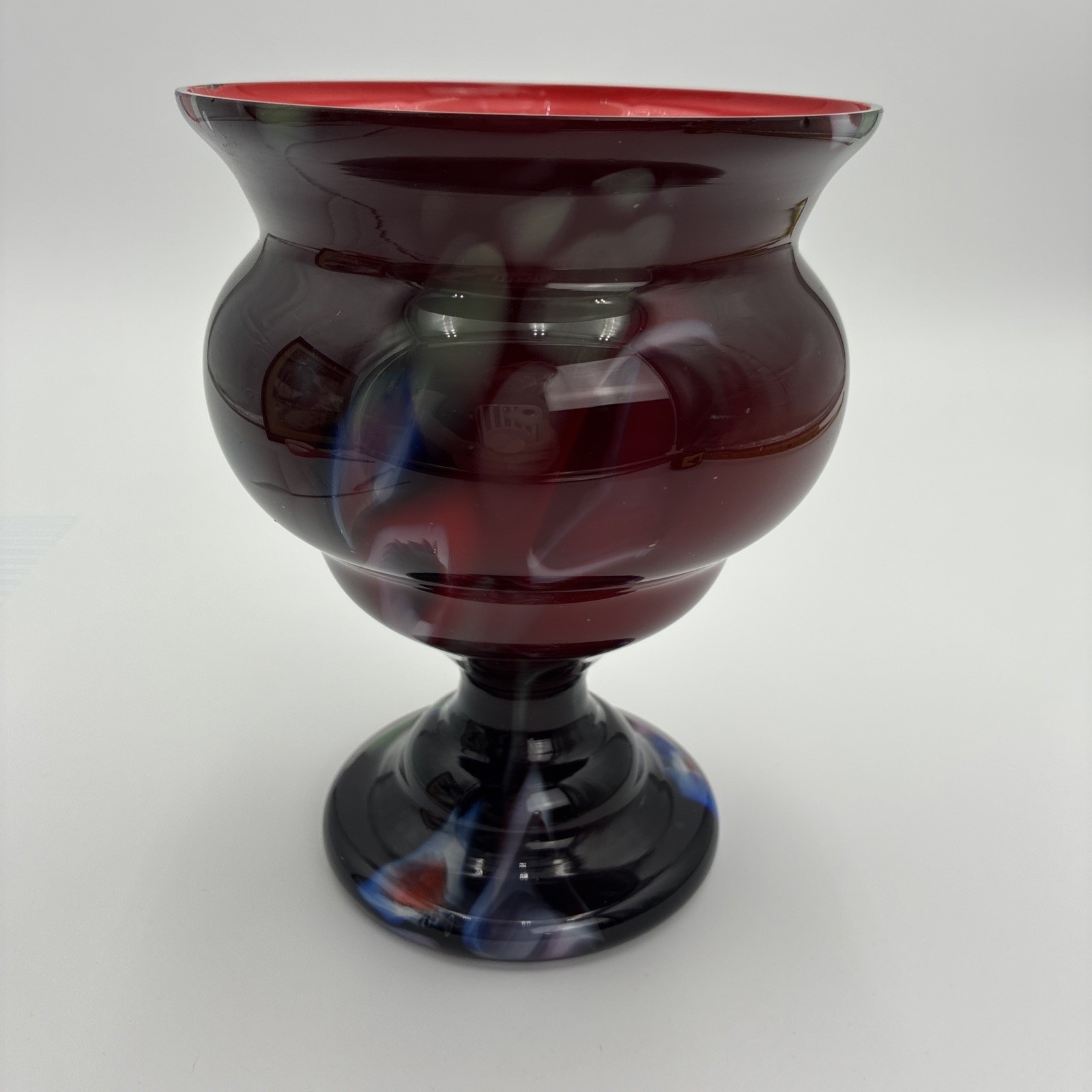 Vintage Czechoslovakia Art Glass Pedestal Vase Oxblood Red Swirl Footed 6.75″