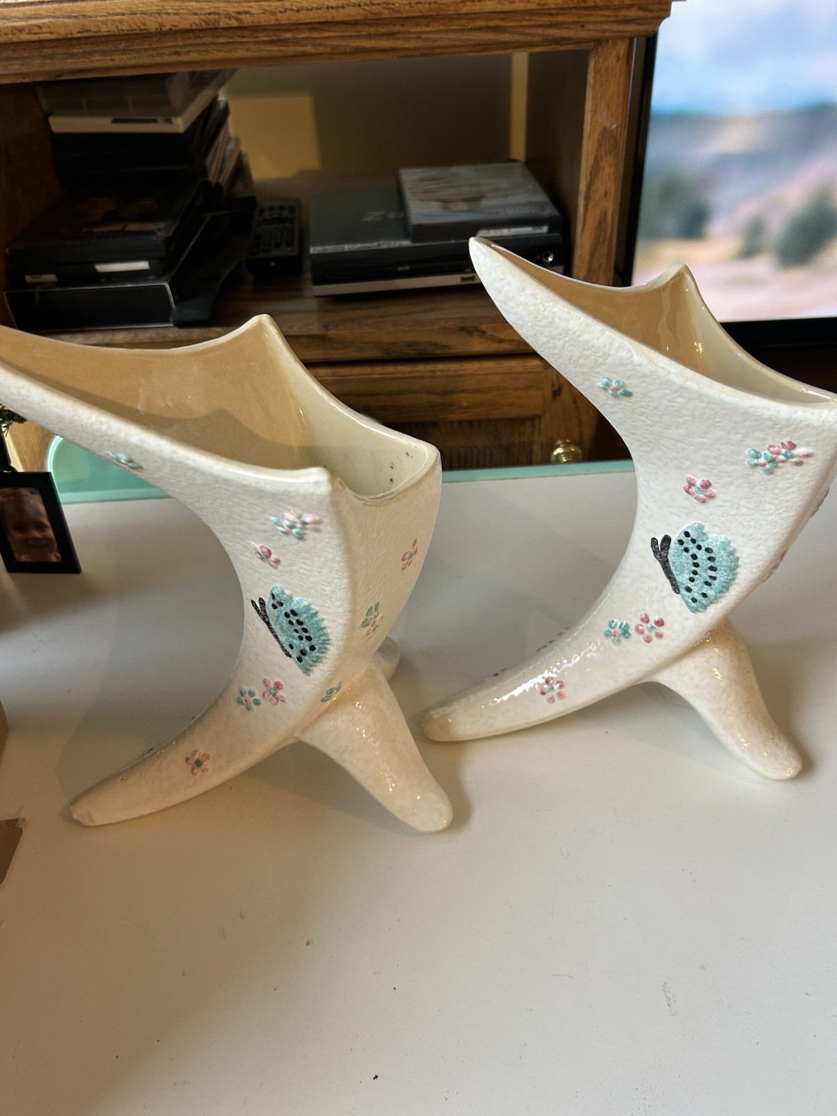 Two Hull Pottery Double CornucopiaBow Knot Vases With Butterflies