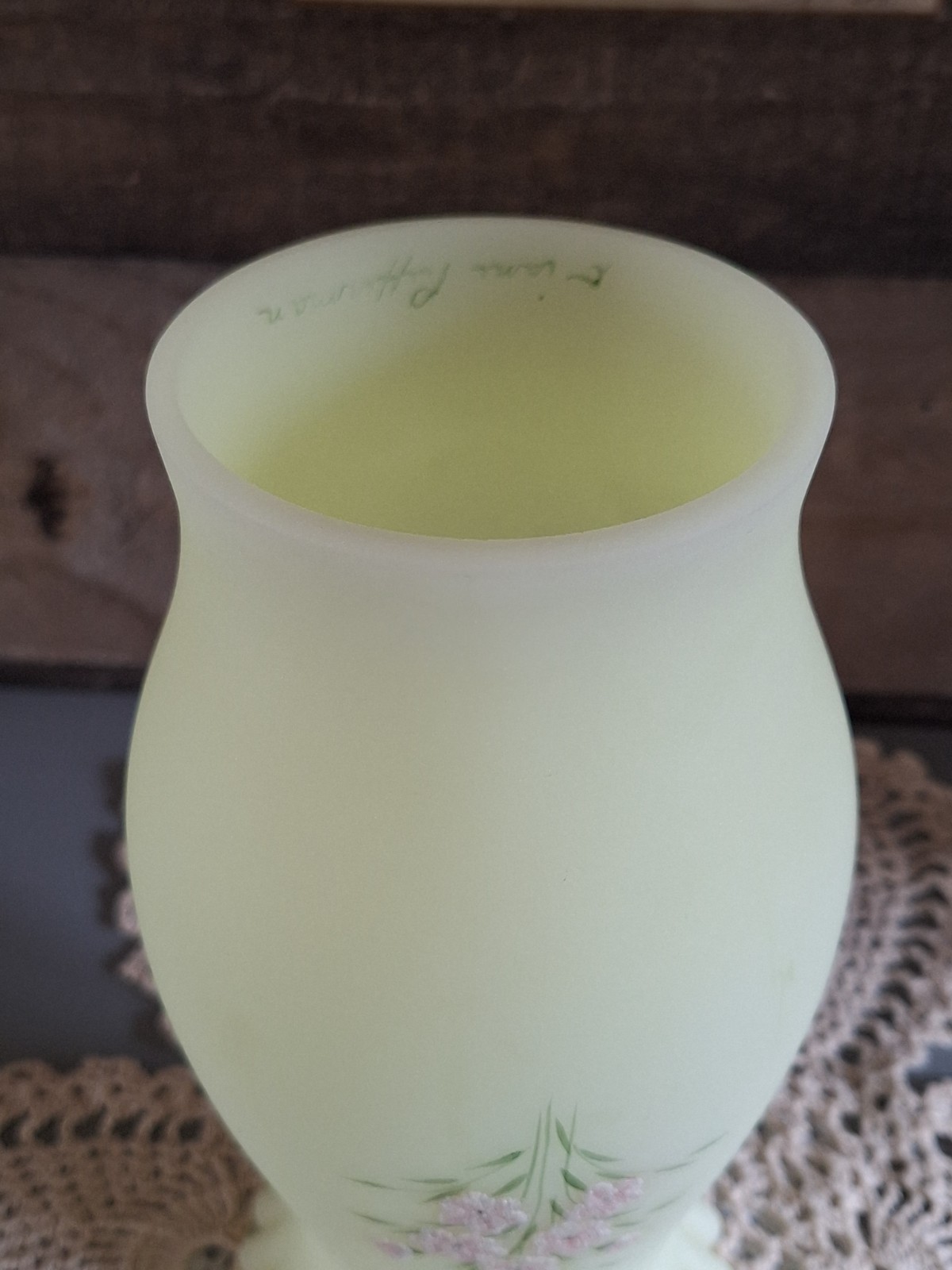Fenton Custard Uranium Glass Sugared Pink Blossom Two piece Hurricane Lamp