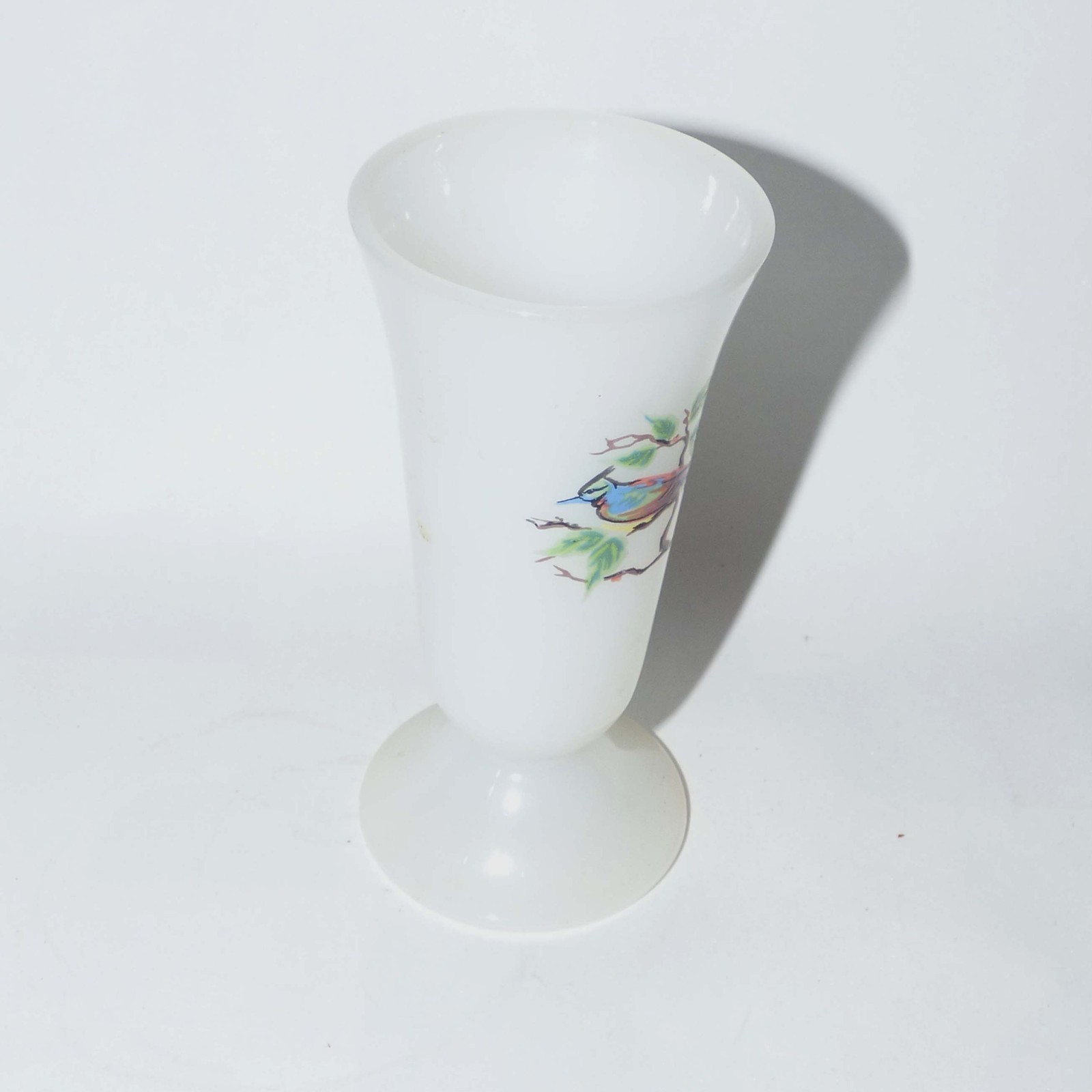 Vintage Milk Glass Opaline Vase Hand-Painted Bird 13cm