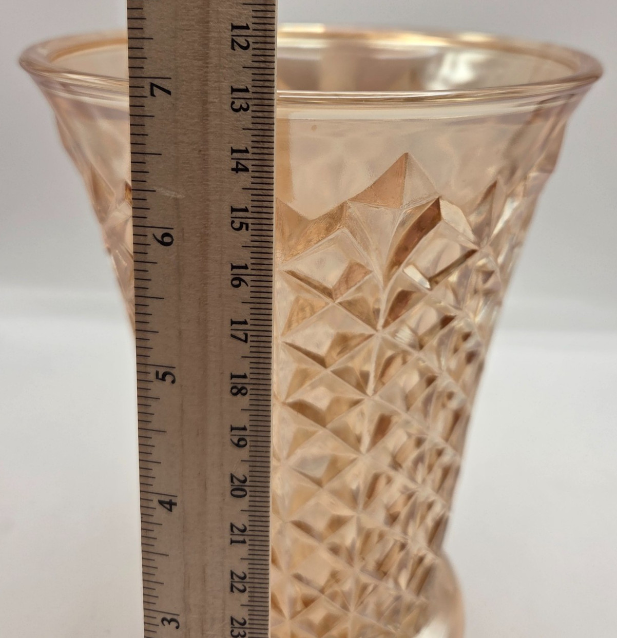 Vtg Indiana Glass Diamond Point Vase Marigold Carnival Glass Iridescent 9″ MINT