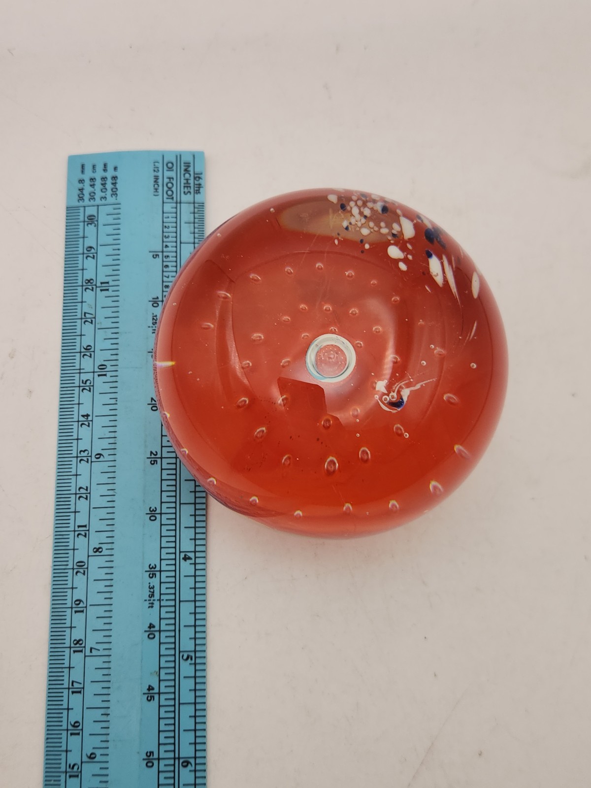 Vtg HandBlown Glass Paperweight Ball Orb Orange Blue Clear Bubble MCM Trippy