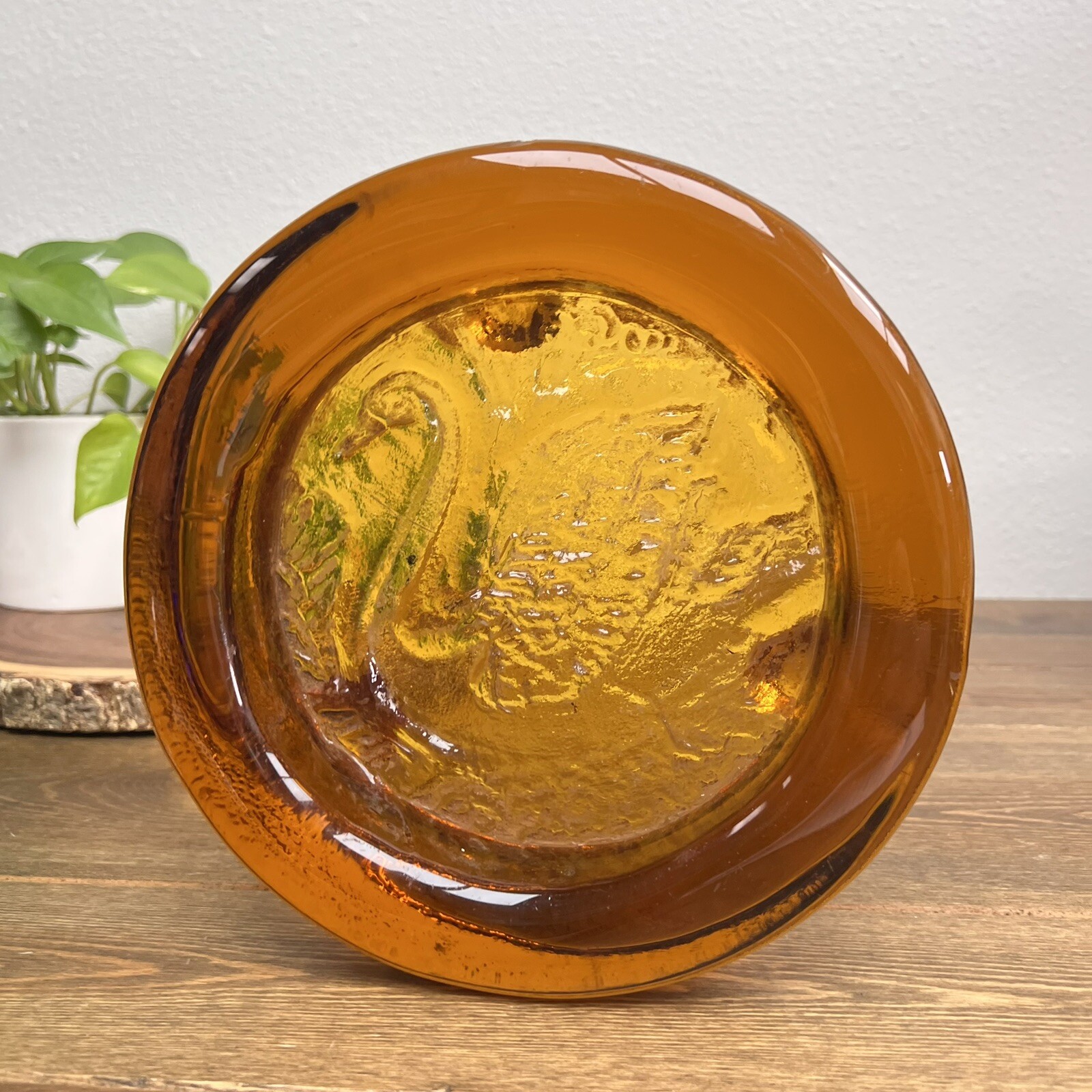 Rare Blenko Glass Ashtray Joel Myers 1965 Amber Swan Heavy 9” Ashtray MCM