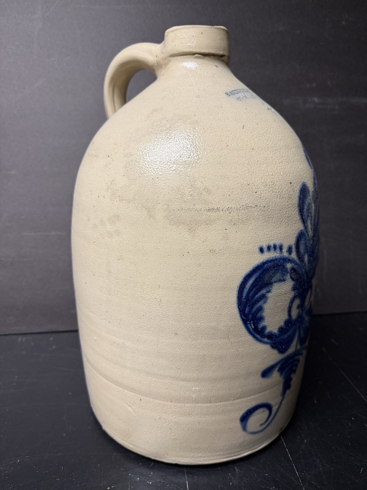 Lg Vintage Stoneware Pottery #4 Jug/Crock Stamped Satterlee & Mory Ft. Edward NY