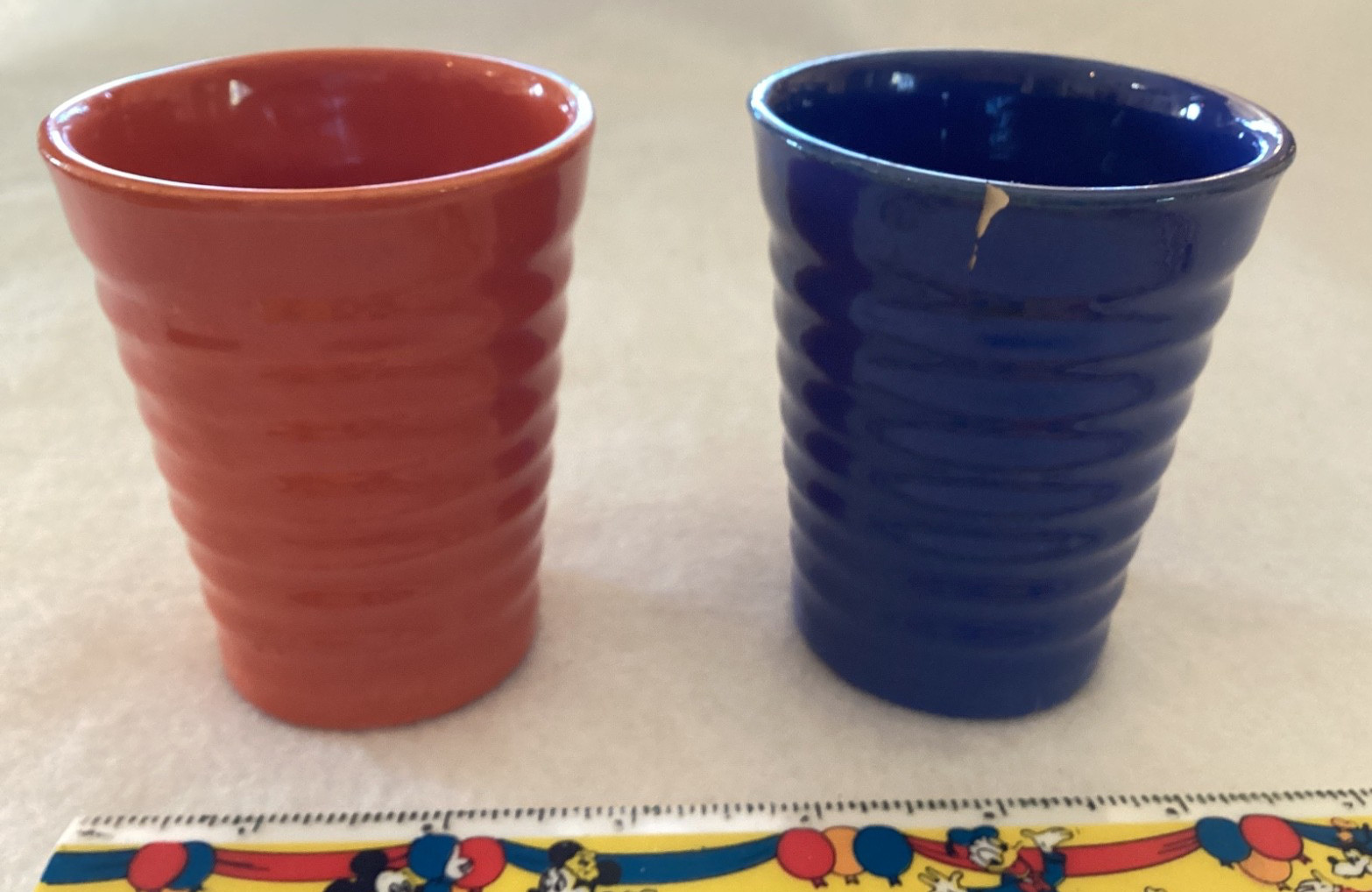 Vintage Bauer pottery ring ware two 3.5″ tumblers orange mint cobalt as is