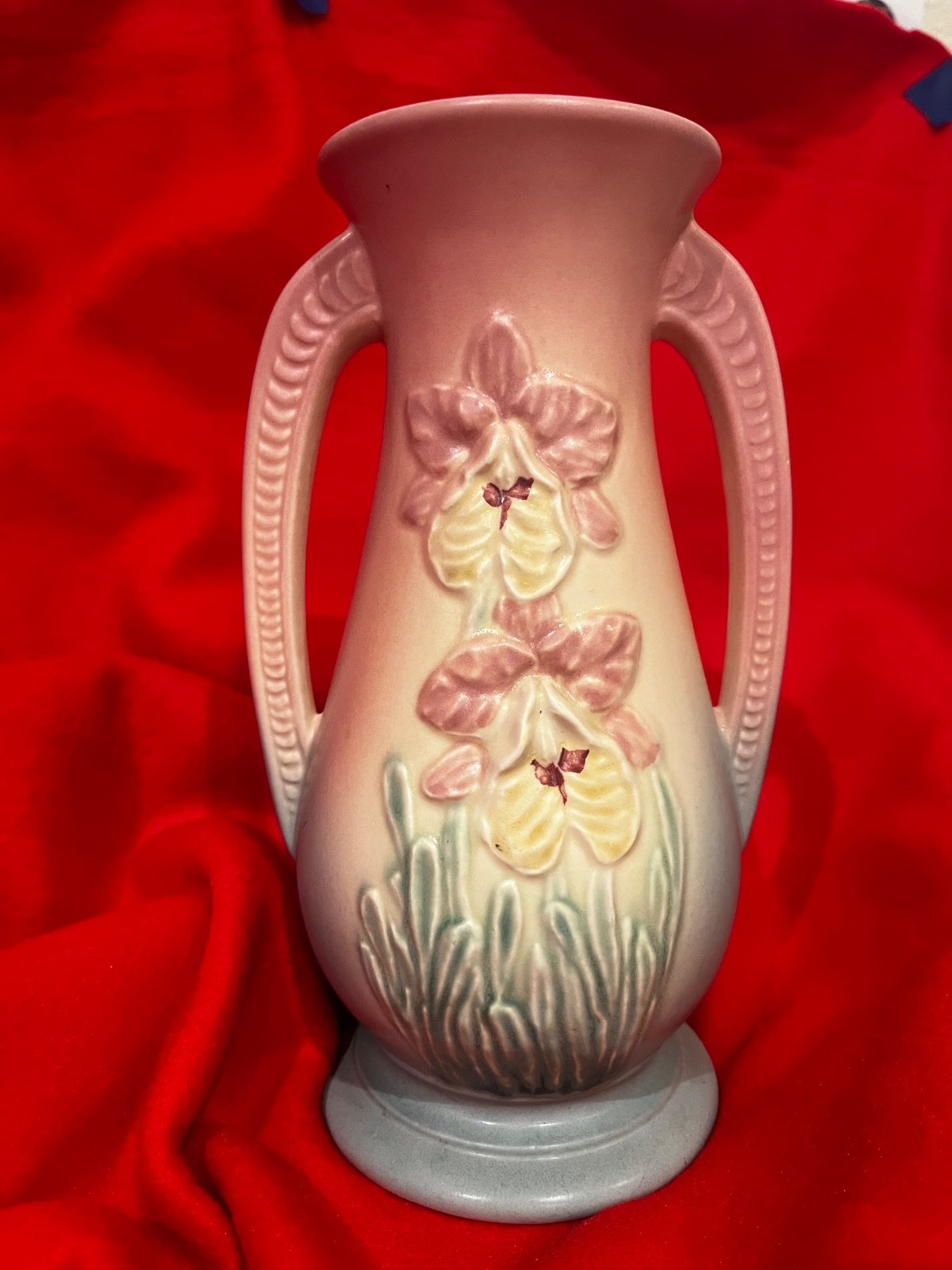 HULL Pottery pink and yellow Orchid Flower Vase #302-8 inches Double Handles