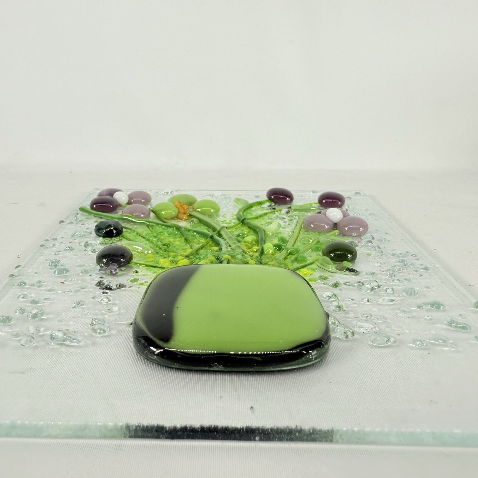 Studio Art Fused Glass Panel 3D Floral Flowers In Vase Pot 5” x 6” Green