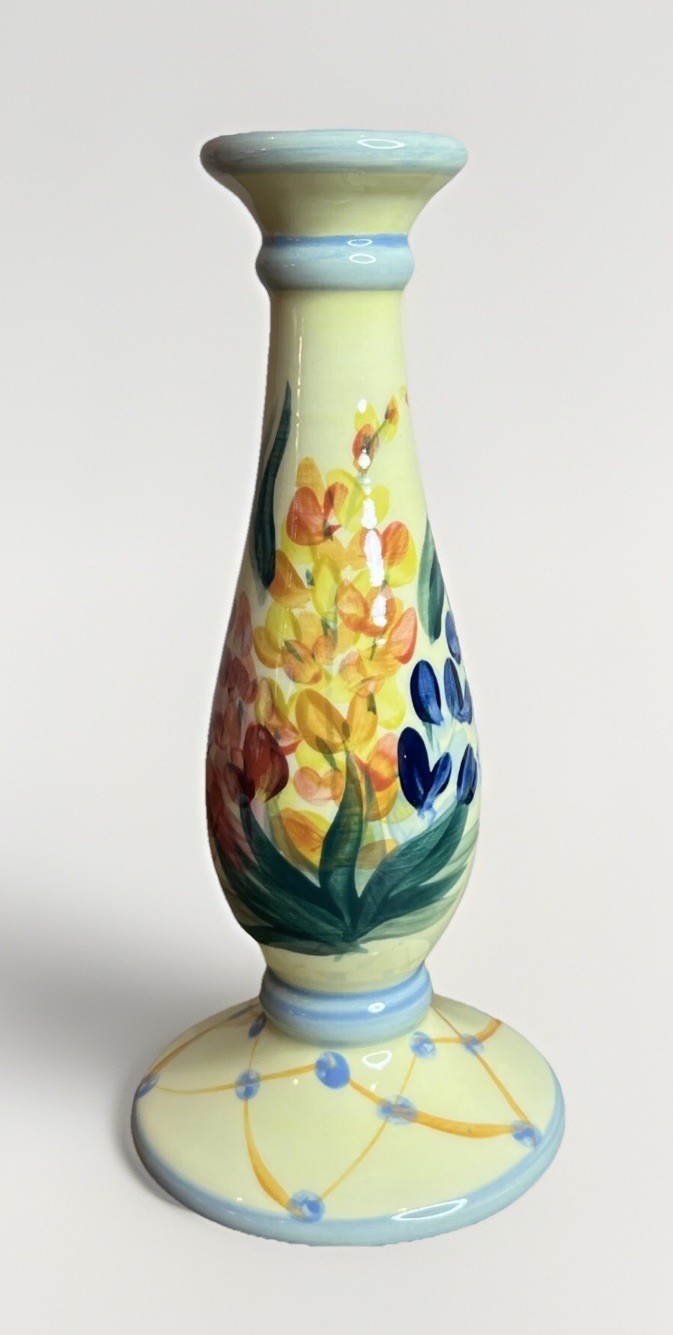 Vintage 1999 Gail Pittman 9” Hand Painted Ceramic Candlestick Holder