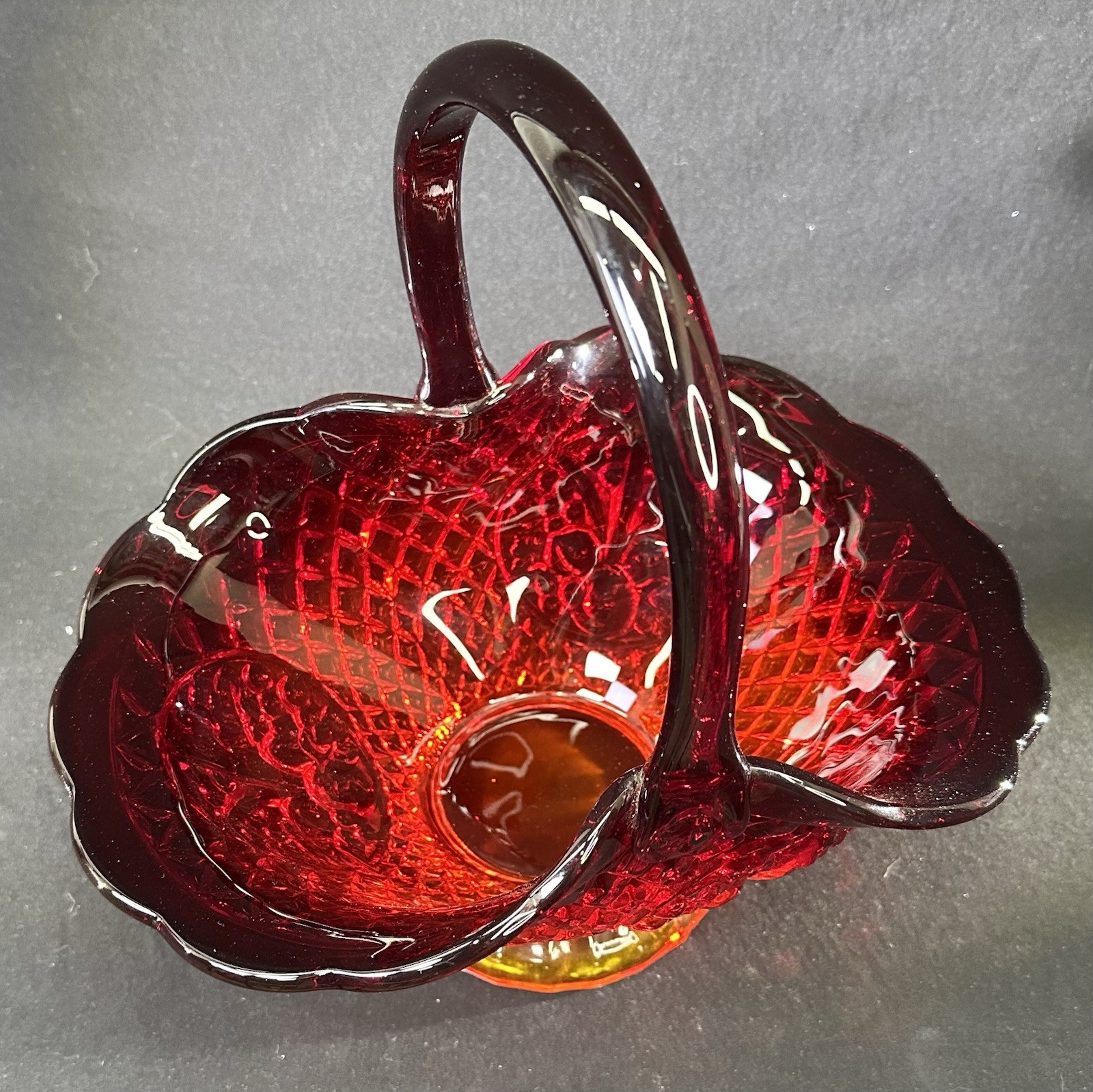 Indiana Glass Canterbury Sunset Amberina Basket, Vintage Mid 20th Century