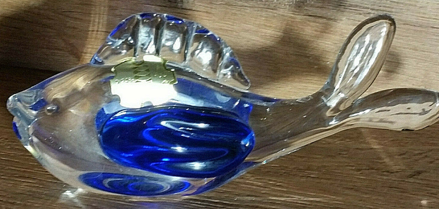 Original Cristais Hering, Crystal Fish, Handmade in Brazil, Clear and Blue Glass