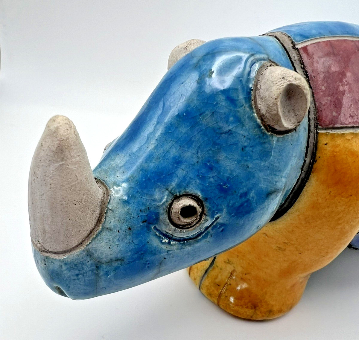 Raku Rhinoceros Figurine, Fenix Pottery, South Africa, Vintage, Handmade