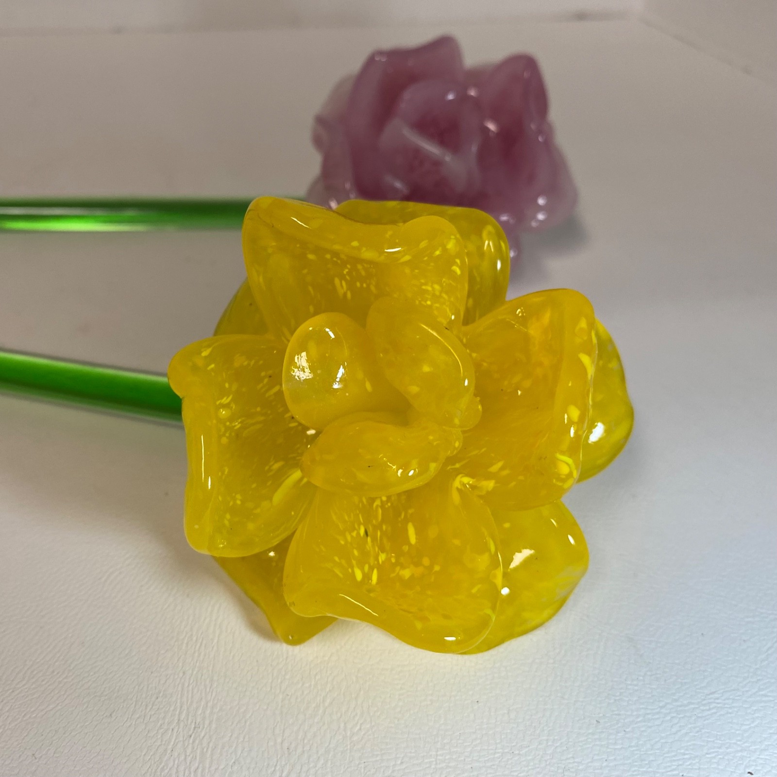 2 Art Glass Flowers • 12″ • Yellow Pink • Long Stem • Gorgeous!