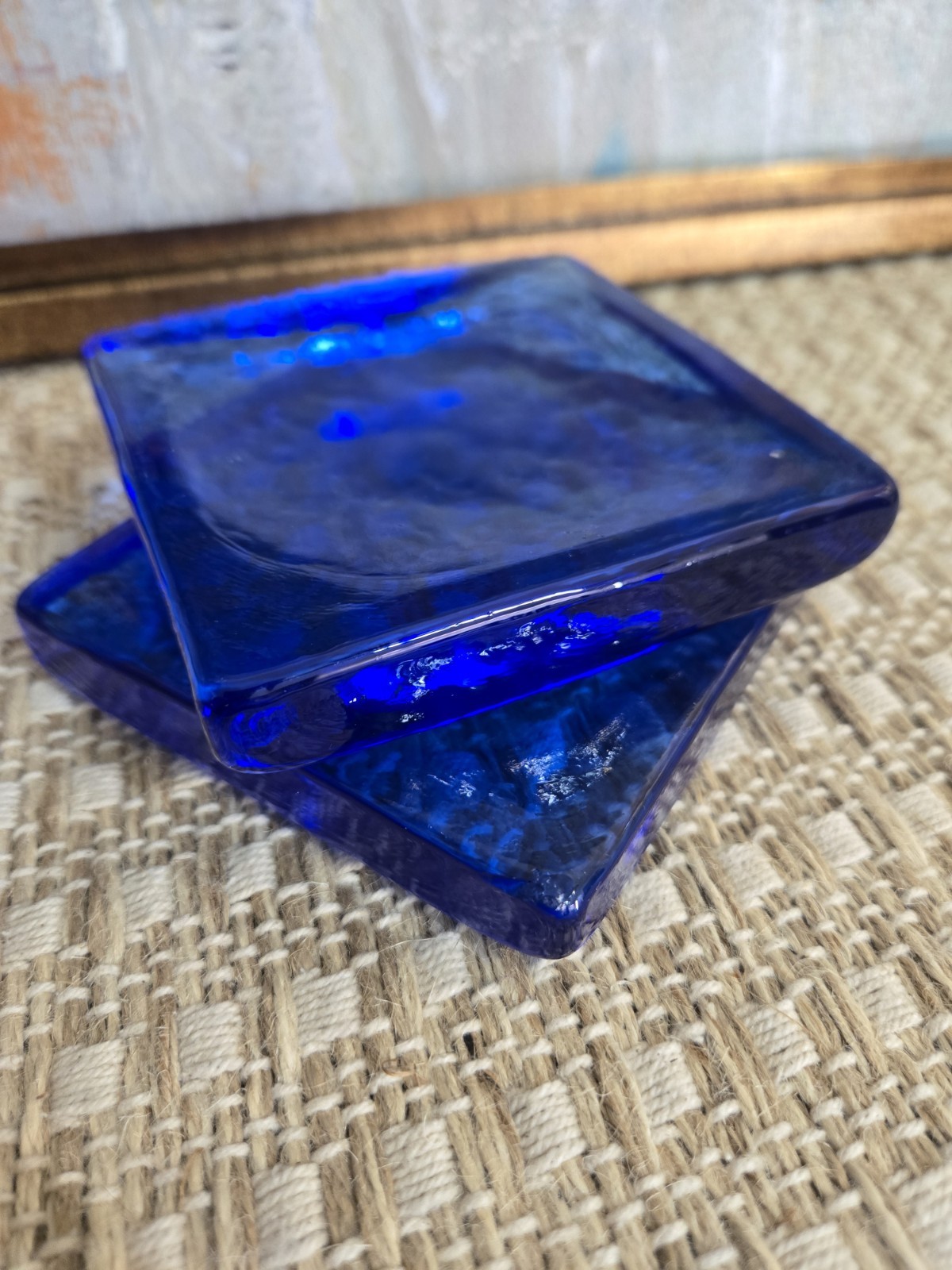 Vtg 2 Cobalt Blue Glass Square Block Solid Candle Tile Riser Paperweight 4″
