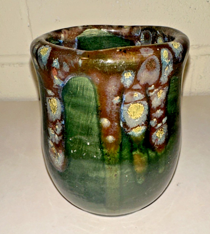 Vintage Green Yellow Blue Brown OOAK Glazed Pottery Vase Pencil Pen Holder