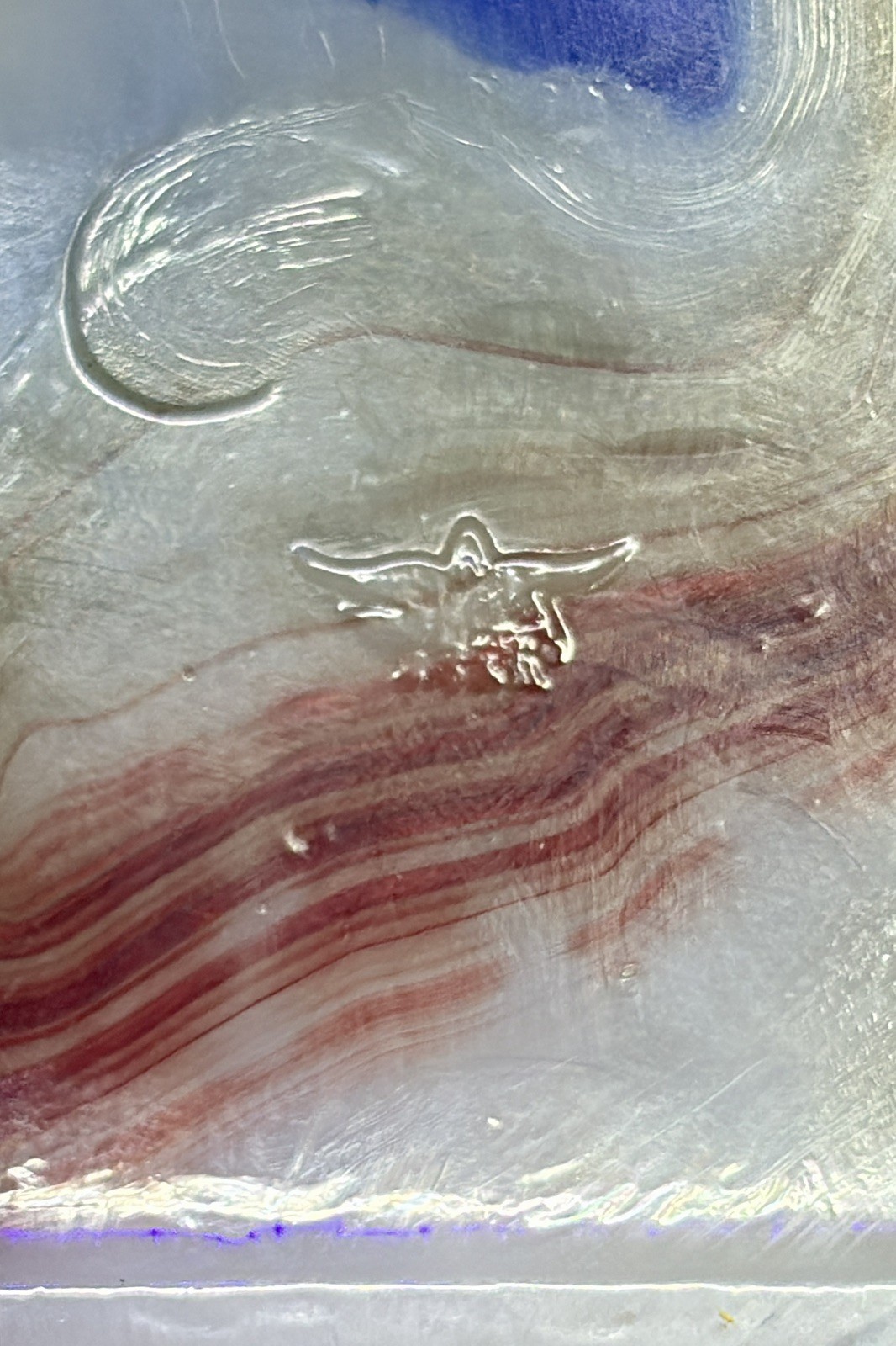 Akro Agate Blue/Red Copper Swirl ASHTRAY UV Uranium Glass
