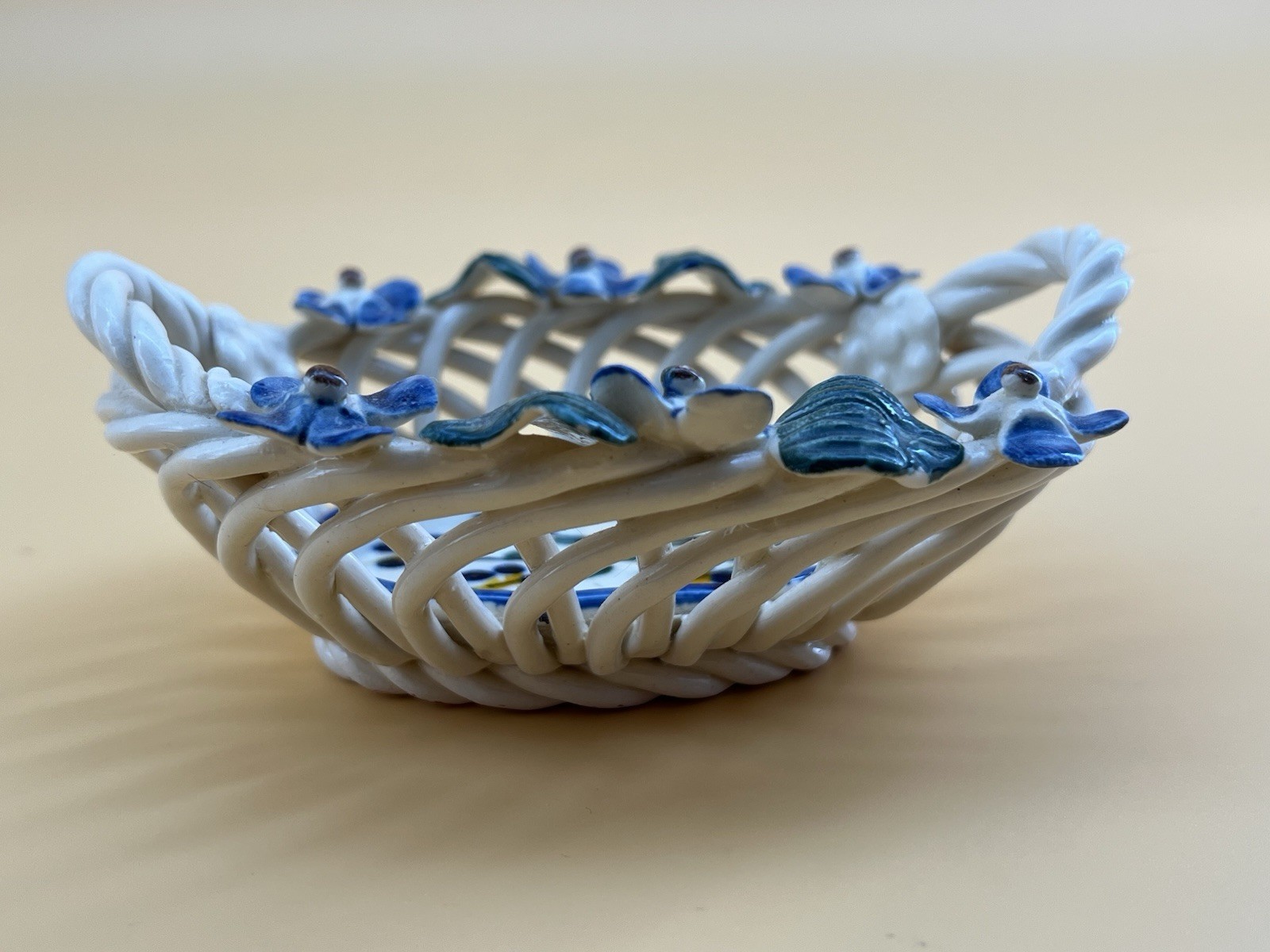 Absolutely Adorable Handmade Clay Spaghetti Basket with Blue Flowers