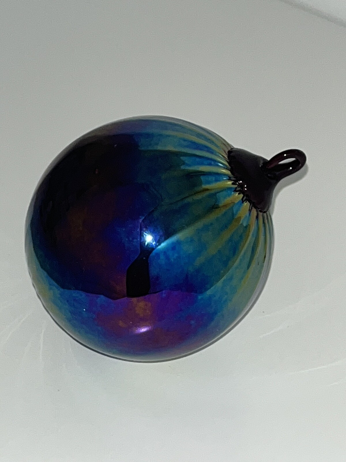 4″x 3” Hand Blown Glass Orb Gazing Suncatcher Ball Ornament Ribbed Purple Blue