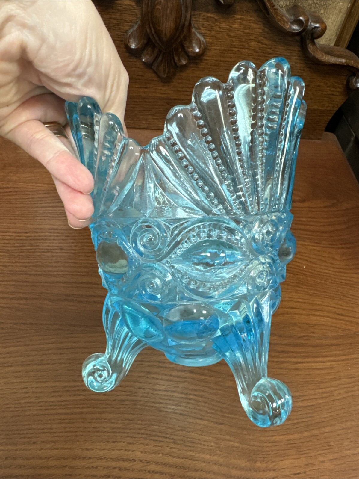 Mosser Blue Glass 3 Footed Eyewinker Eye Winker Pattern Spooner Vase