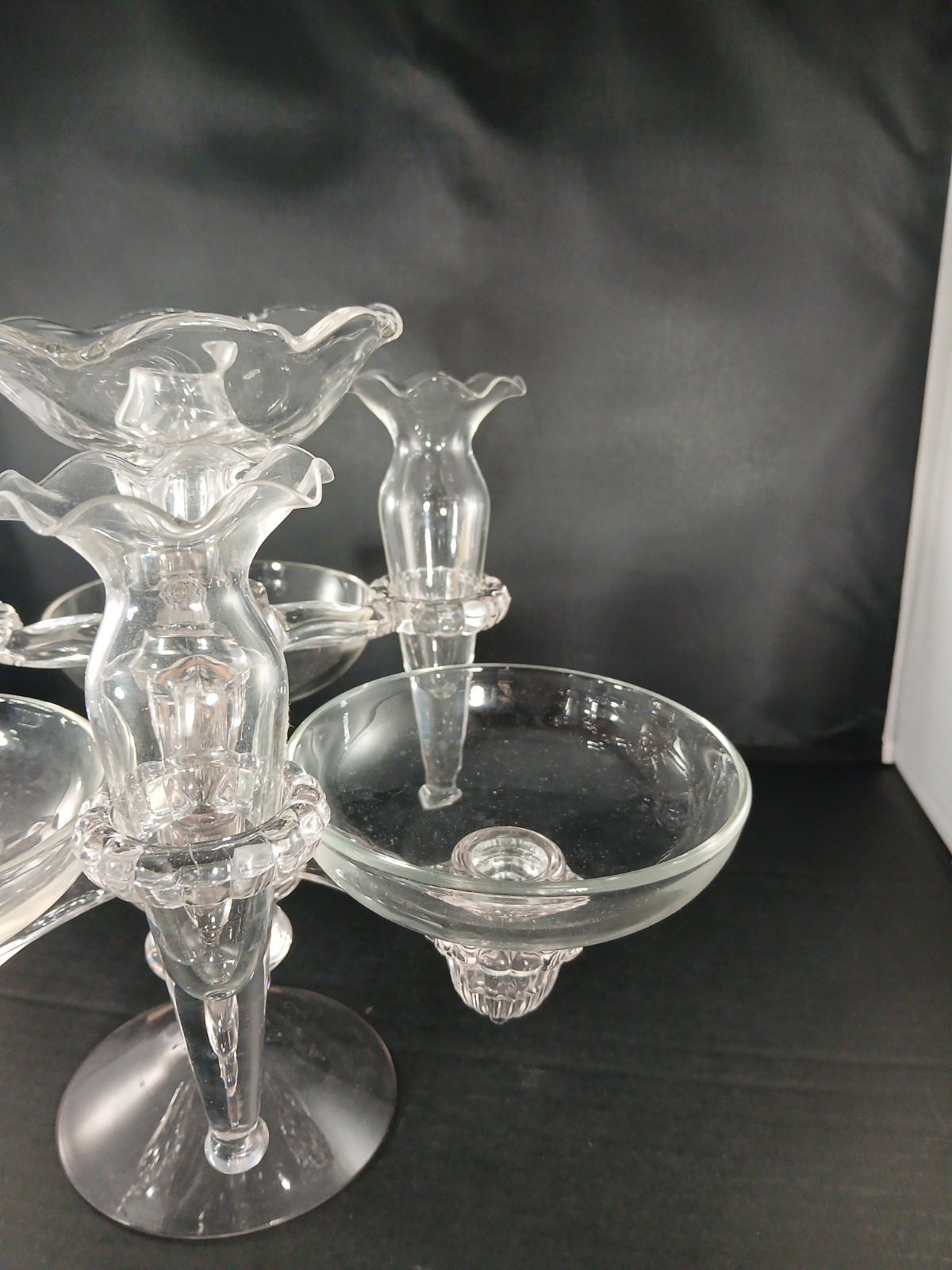 Vtg MCM Cambridge Glass Clear Epergne Bowls, Vases, Holders, 10pc NICE PC
