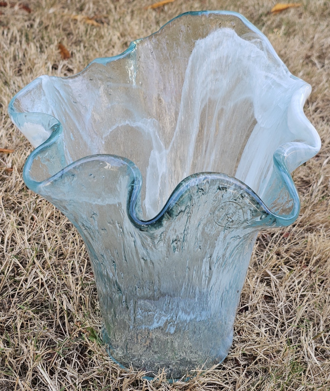 Murero Glass Aqua & White Large Handkerchief Vase or Luxury Trash Bin Italy 11″
