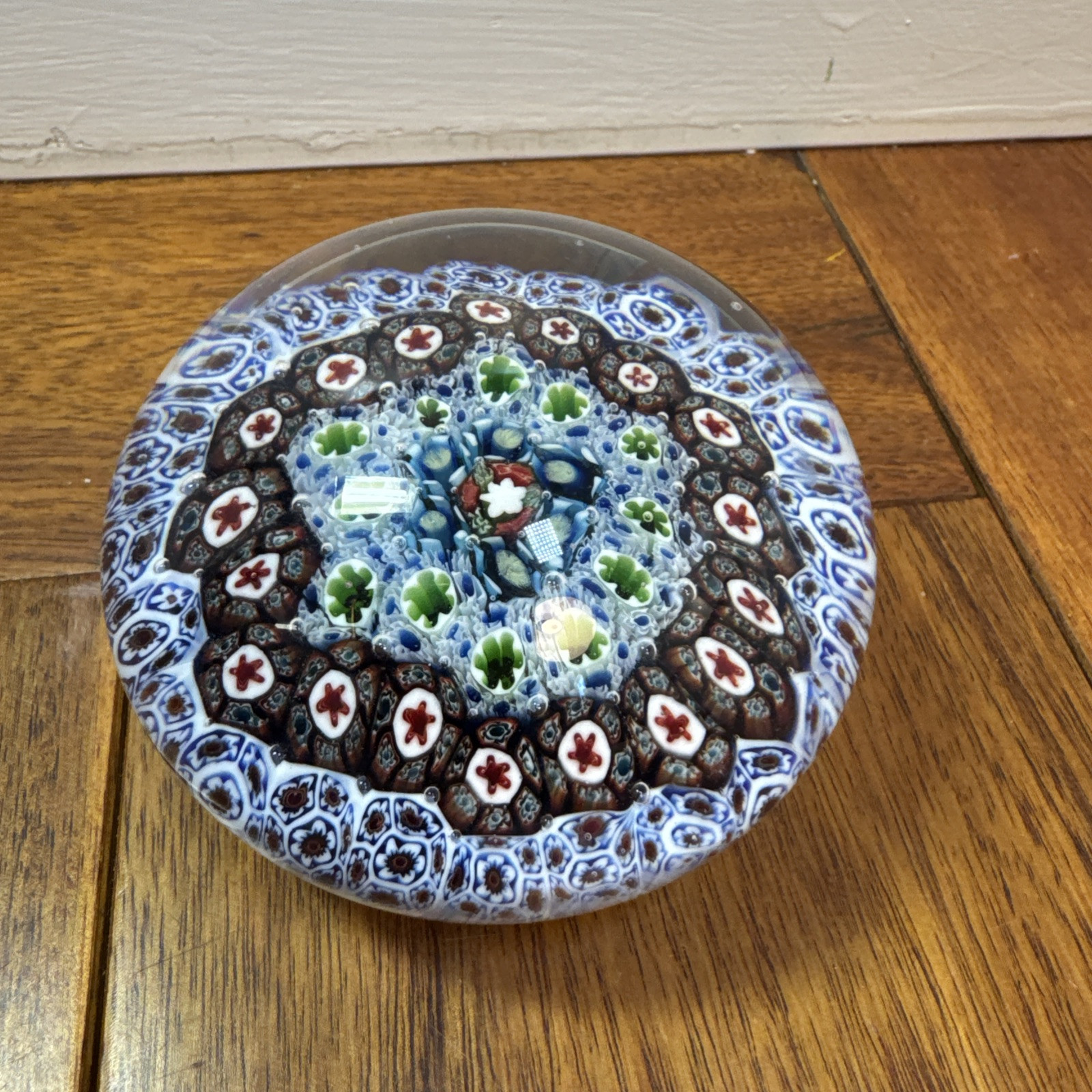 Millefiori Paperweight Blue Green Red Collectible Art Glass Desk Floral Pattern