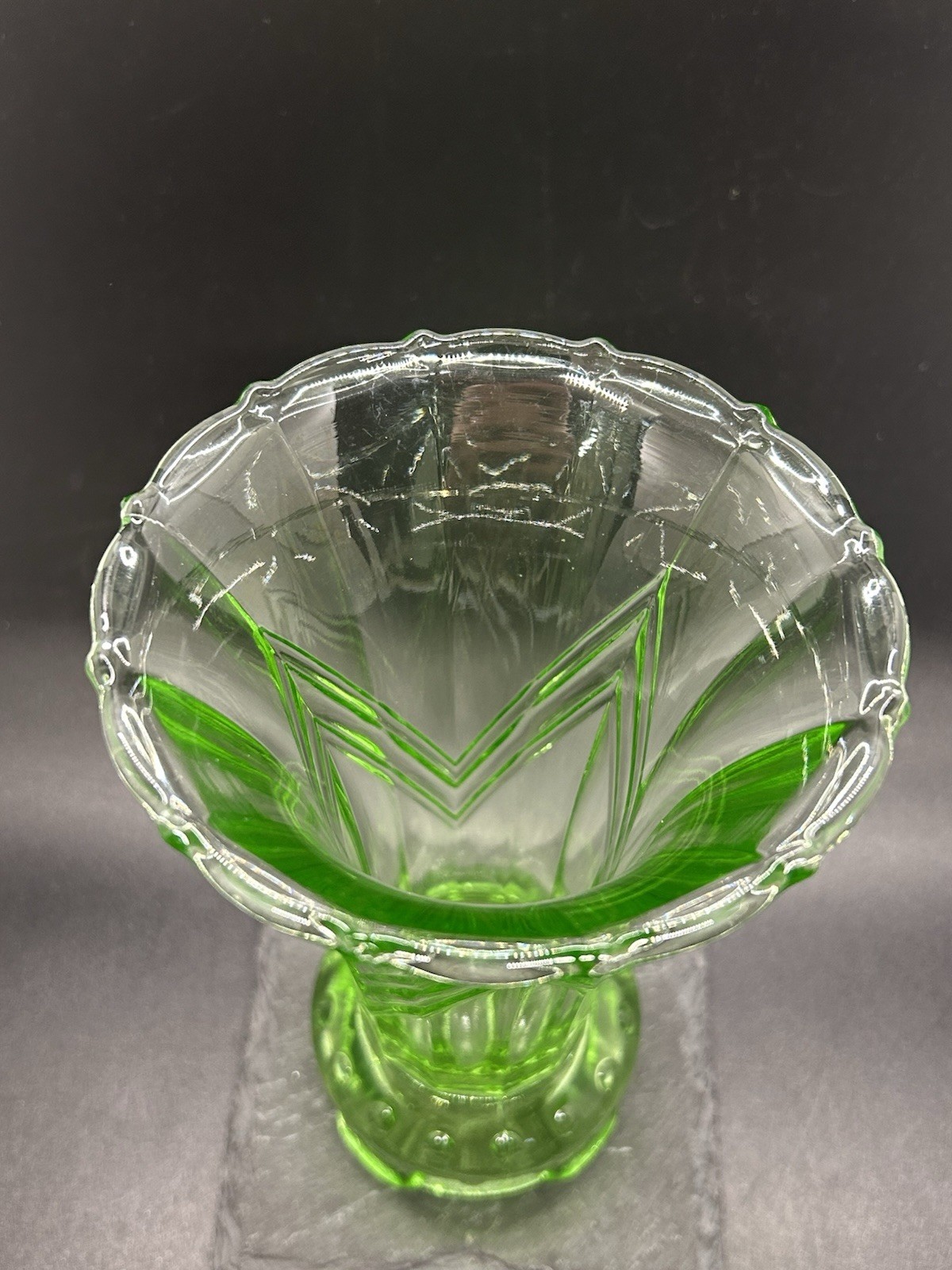 Green Art Deco Uranium Glass Czech Vase Hobnail Chevron Pattern 6 Vintage Decor