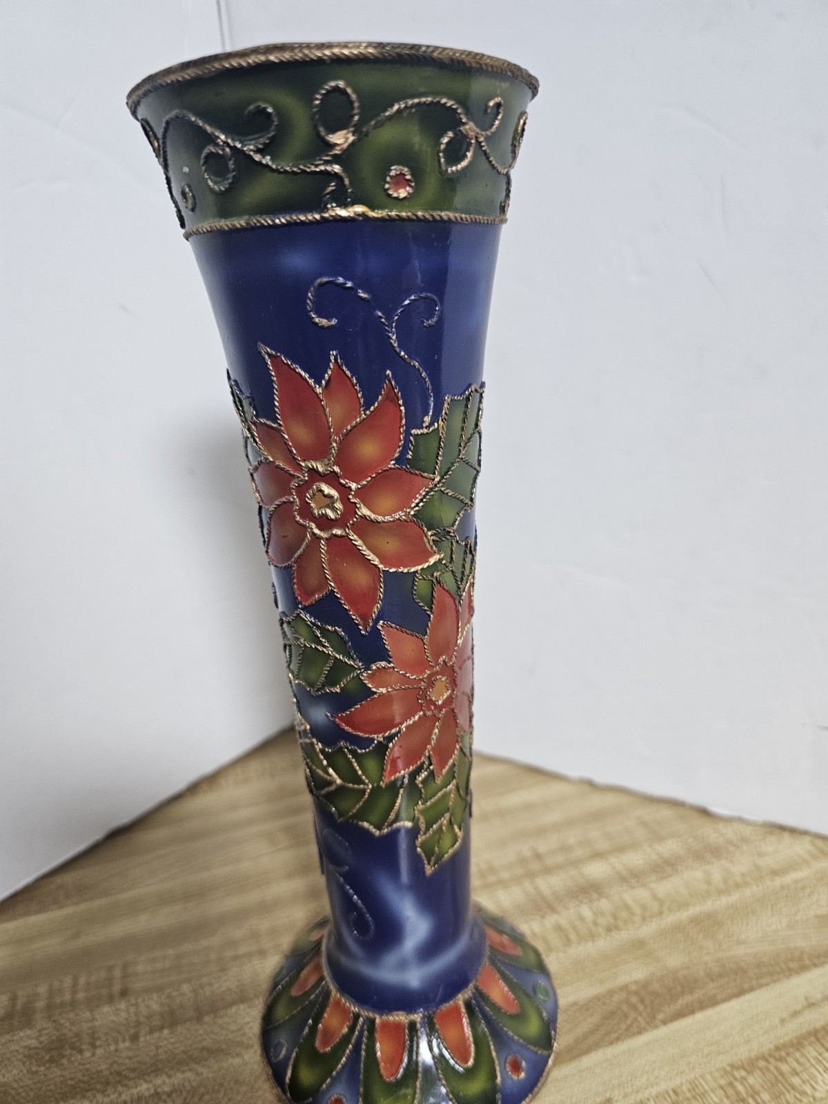 Margie’s Garden Cobalt Blue Ceramic Vase Hand Painted Poinsettia Enamel Gold