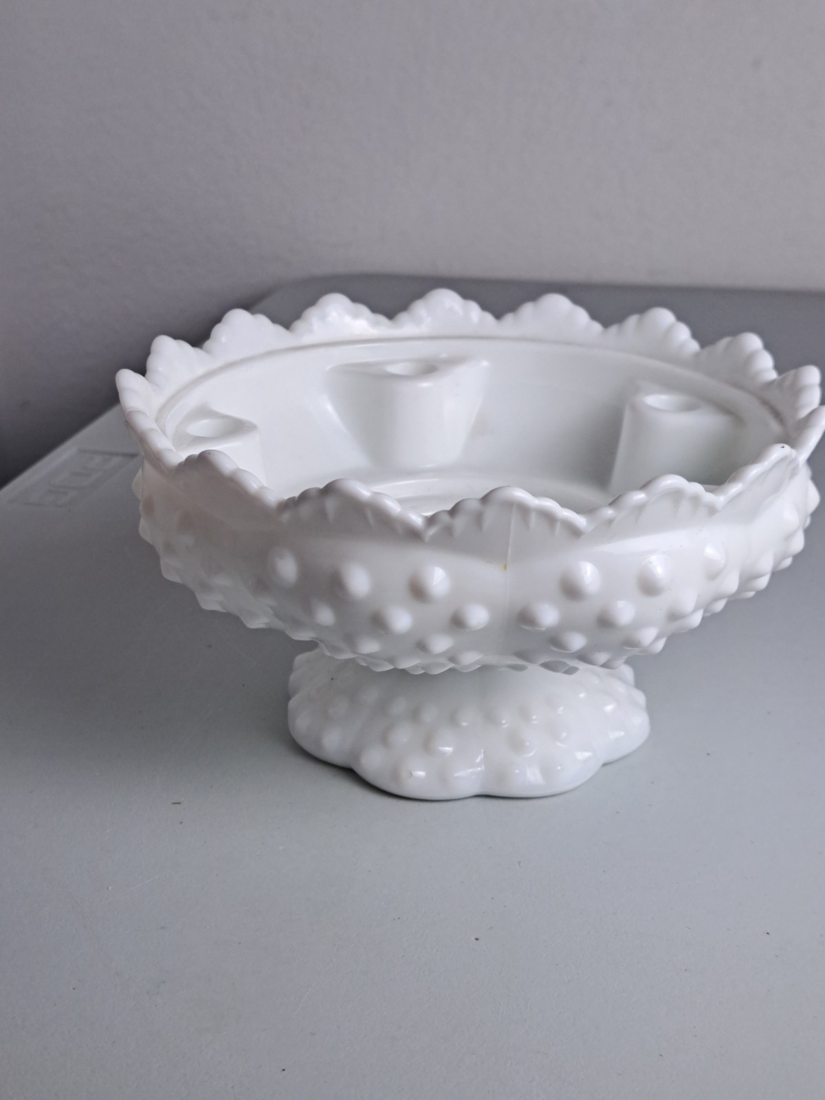 VTG. FENTON Hobnail White Milk Glass 6″ Ruffled Farmhouse Pedestal Candle Bowl