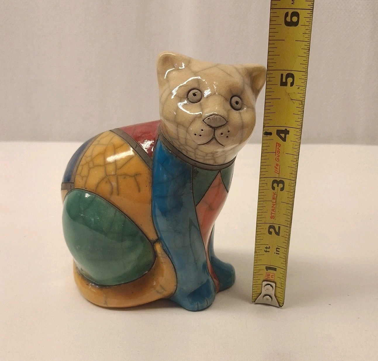 Vintage Fenix South African Raku Pottery Cat Figurine Patchwork Ceramic Art 5.5″