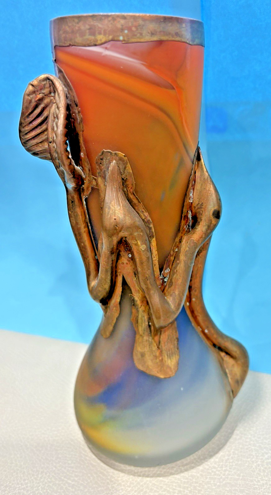 Hand Blown Satin Art Glass Multi Colored w/ Copper Leaf Plant – Vase 9” Tall