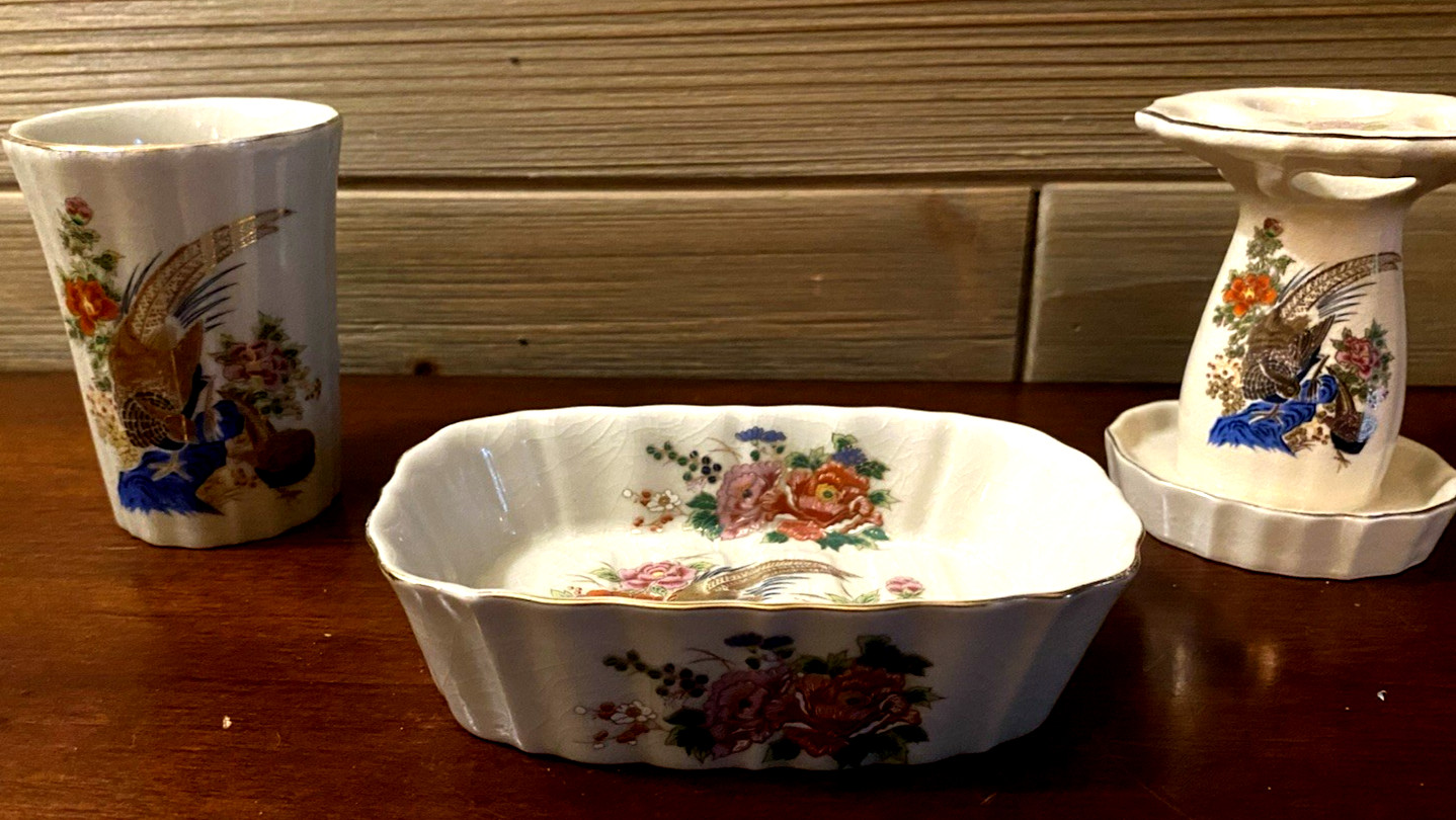 VTG Kutani JAPAN Porcelain Bird Floral Vanity 3 Piece Cup Dish Toothbrush Holder