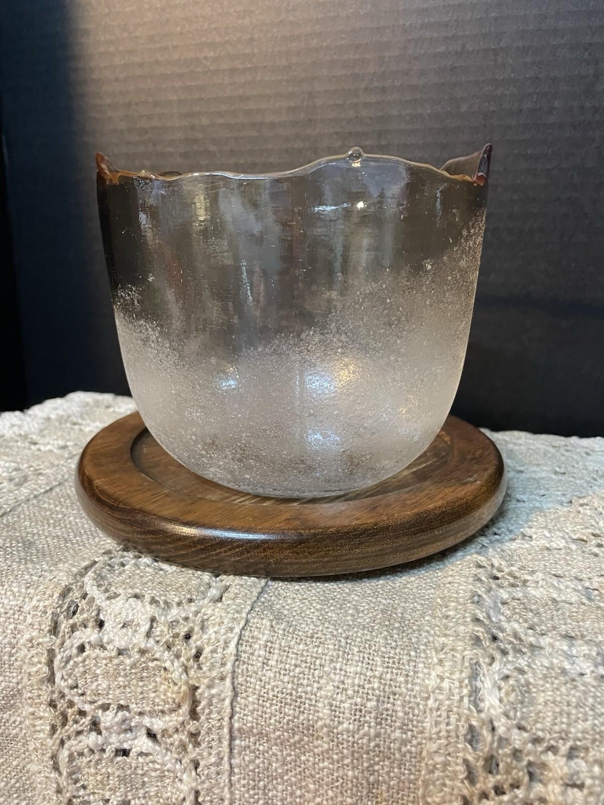 VTG Hand blown Glass Bowl Murano Style Frosted Or Acid Etched Texture Amber Tone